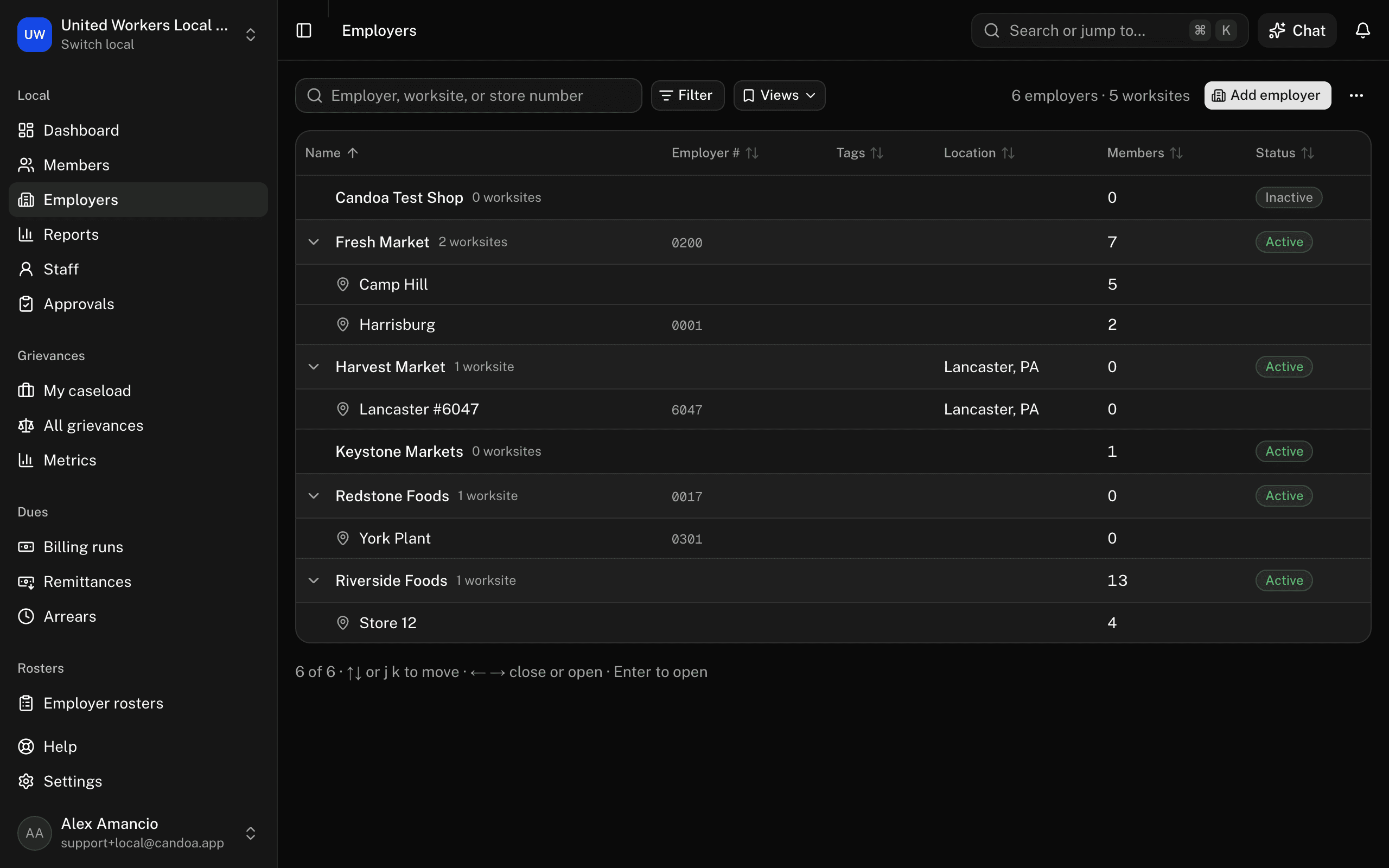 Worksite rows indented under their employer on the employers list, such as Store 12 under Riverside Foods