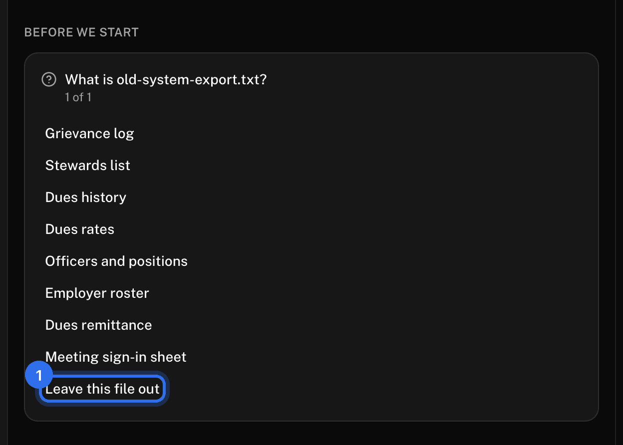 Before we start: the questions Eli needs answered, with Leave this file out (1)