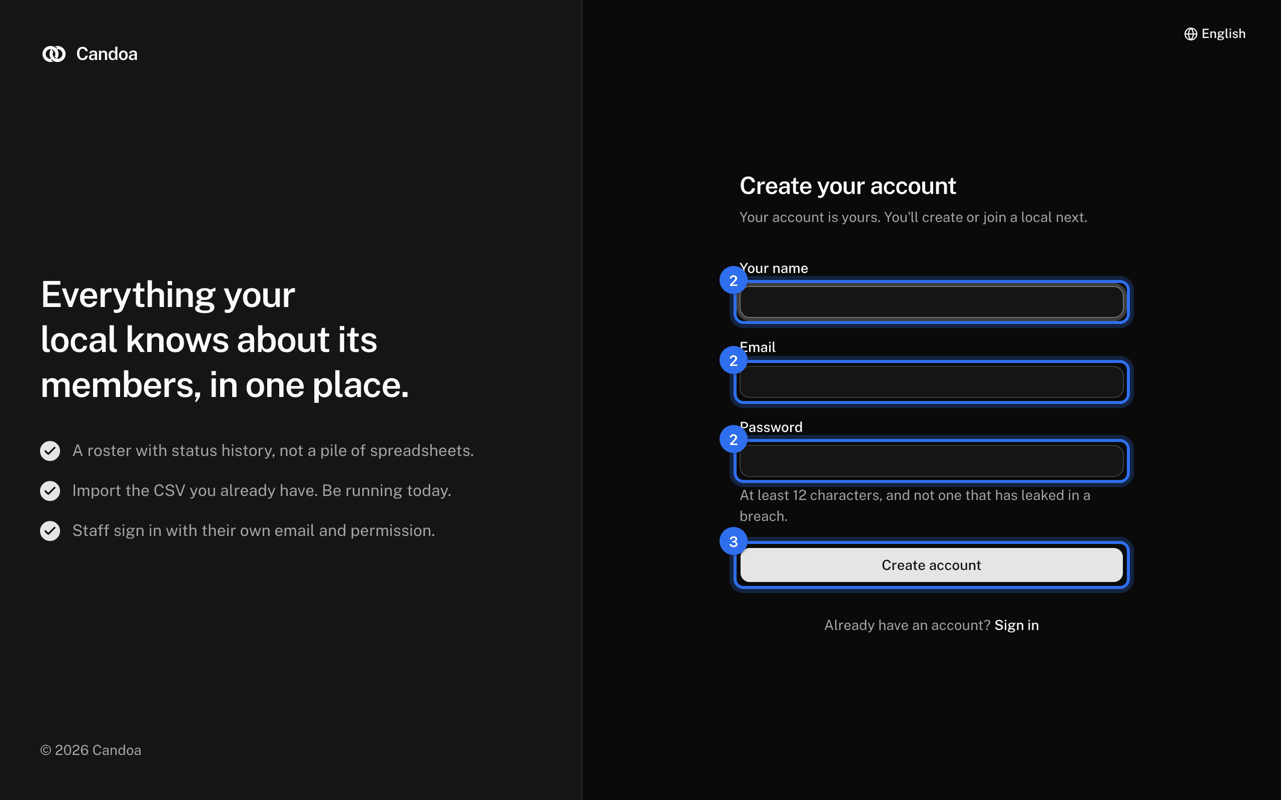 The Create your account screen: Your name, Email, and Password (2) and Create account (3)