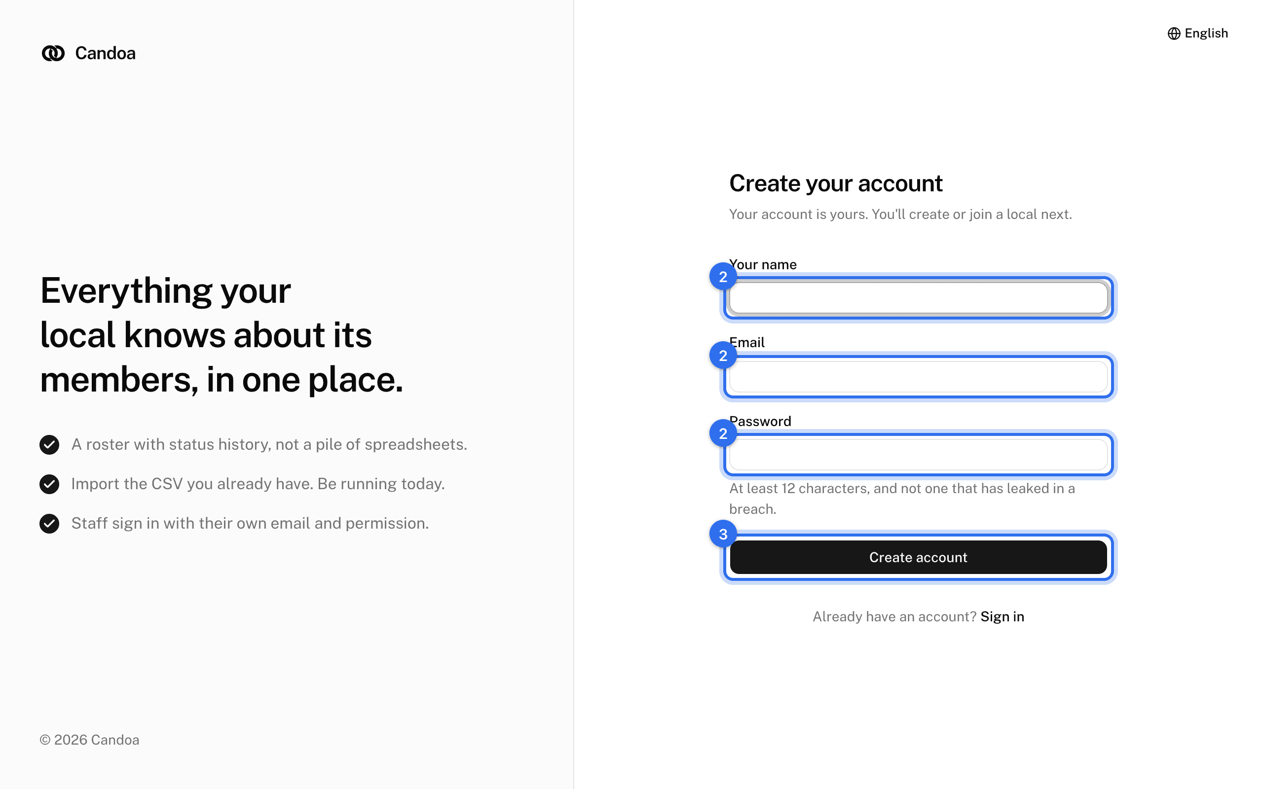The Create your account screen: Your name, Email, and Password (2) and Create account (3)