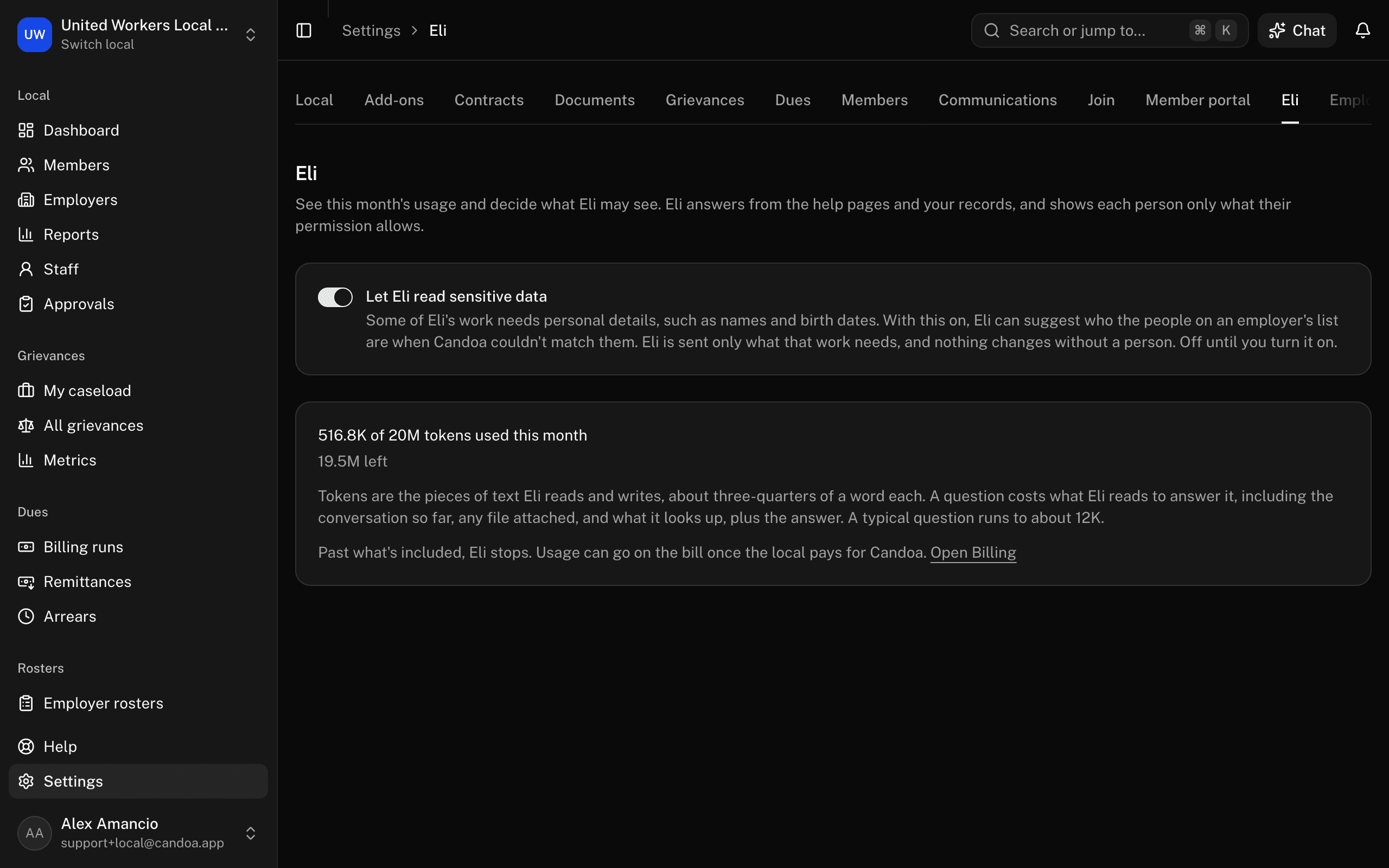 Settings › Eli, with the Let Eli read sensitive data switch and the tokens used this month