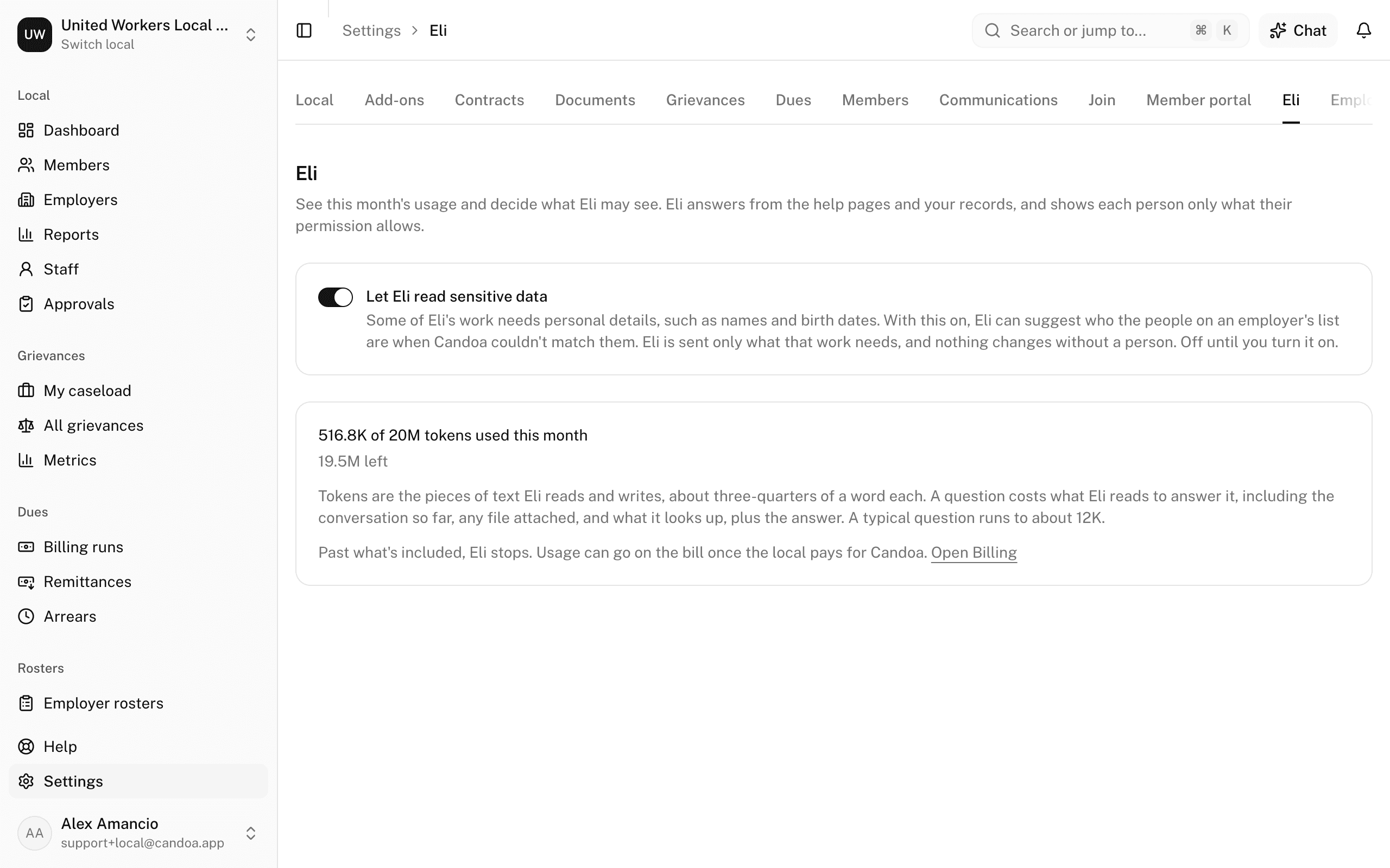 Settings › Eli, with the Let Eli read sensitive data switch and the tokens used this month