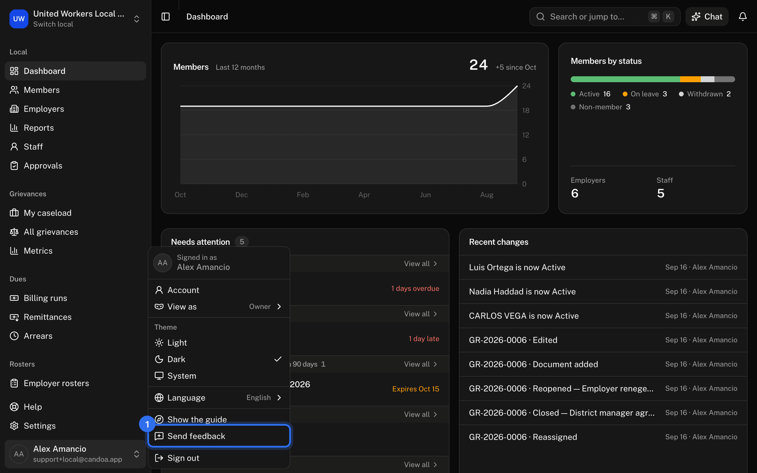 Send feedback (1) in the menu under your name at the bottom of the sidebar