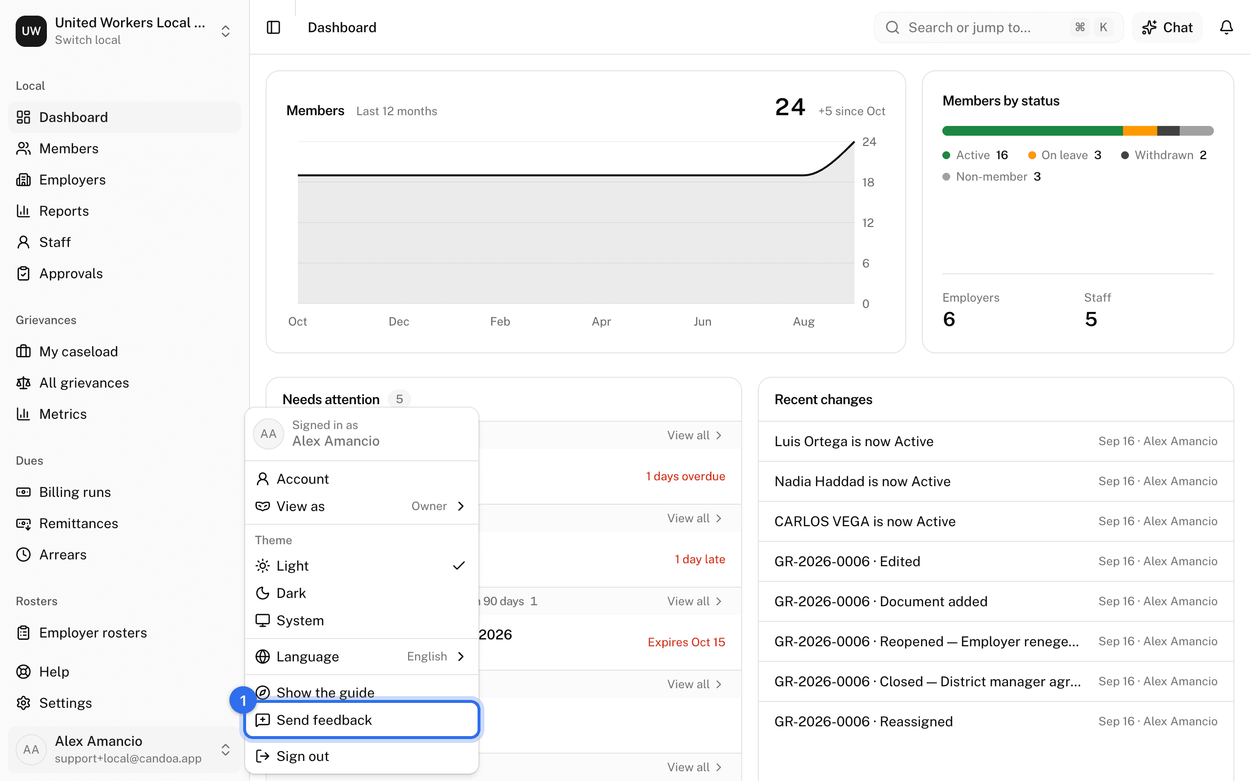Send feedback (1) in the menu under your name at the bottom of the sidebar