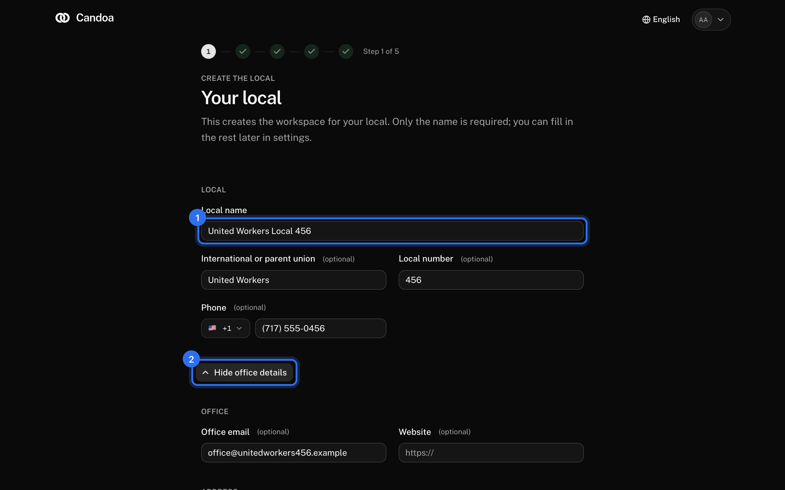 The first step of setup: Local name (1) and the office details button (2)
