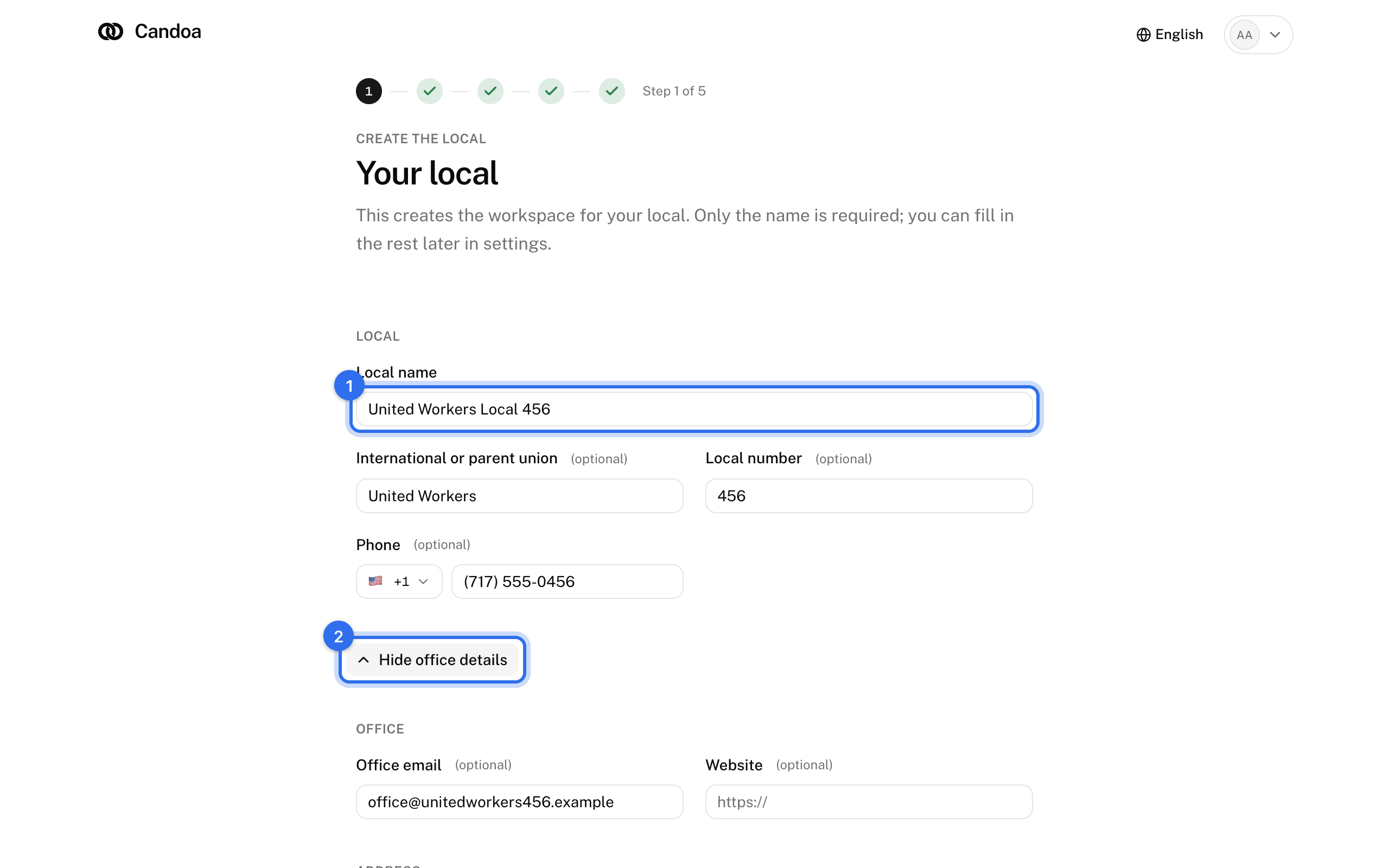The first step of setup: Local name (1) and the office details button (2)