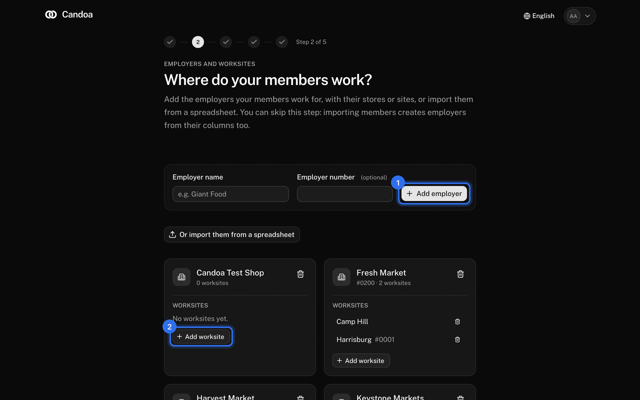 The employers step: Add employer (1) and Add worksite under an employer (2)