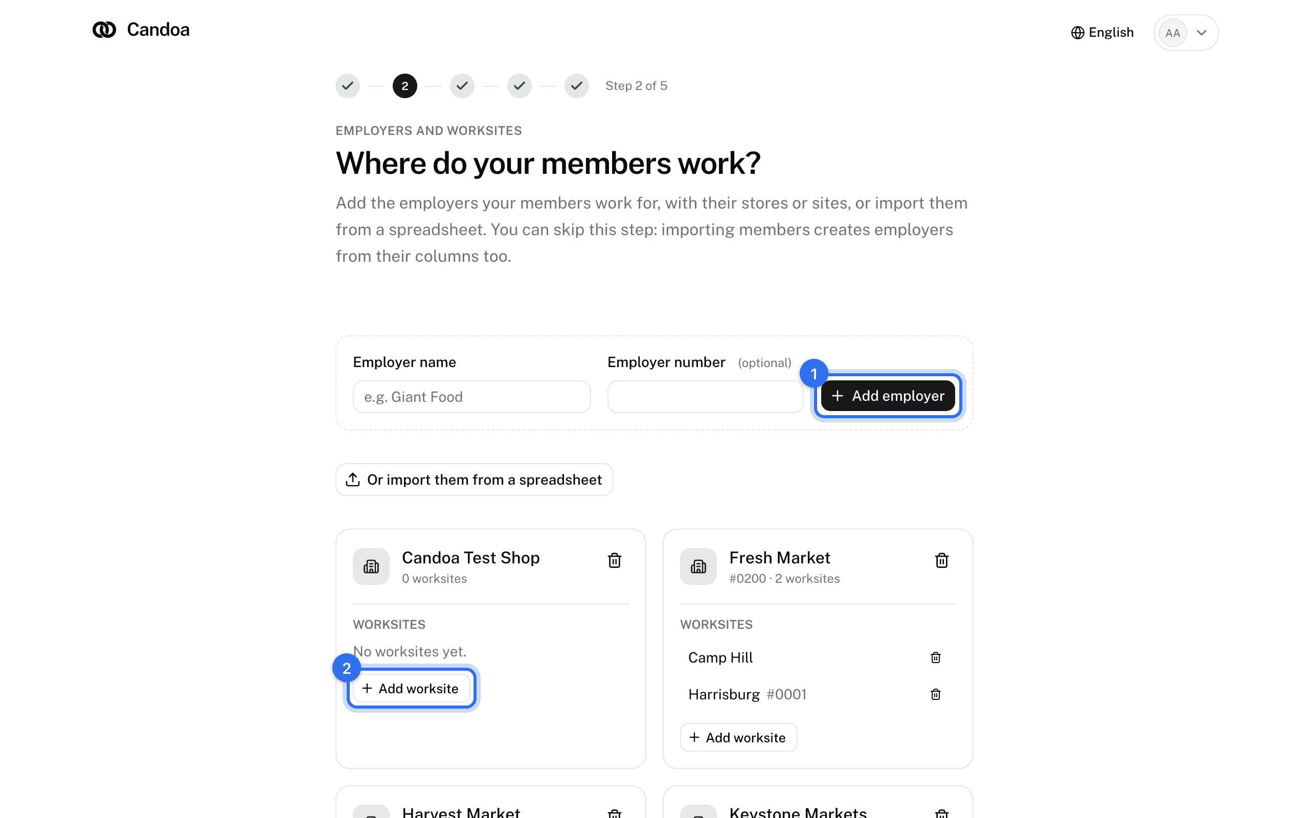 The employers step: Add employer (1) and Add worksite under an employer (2)