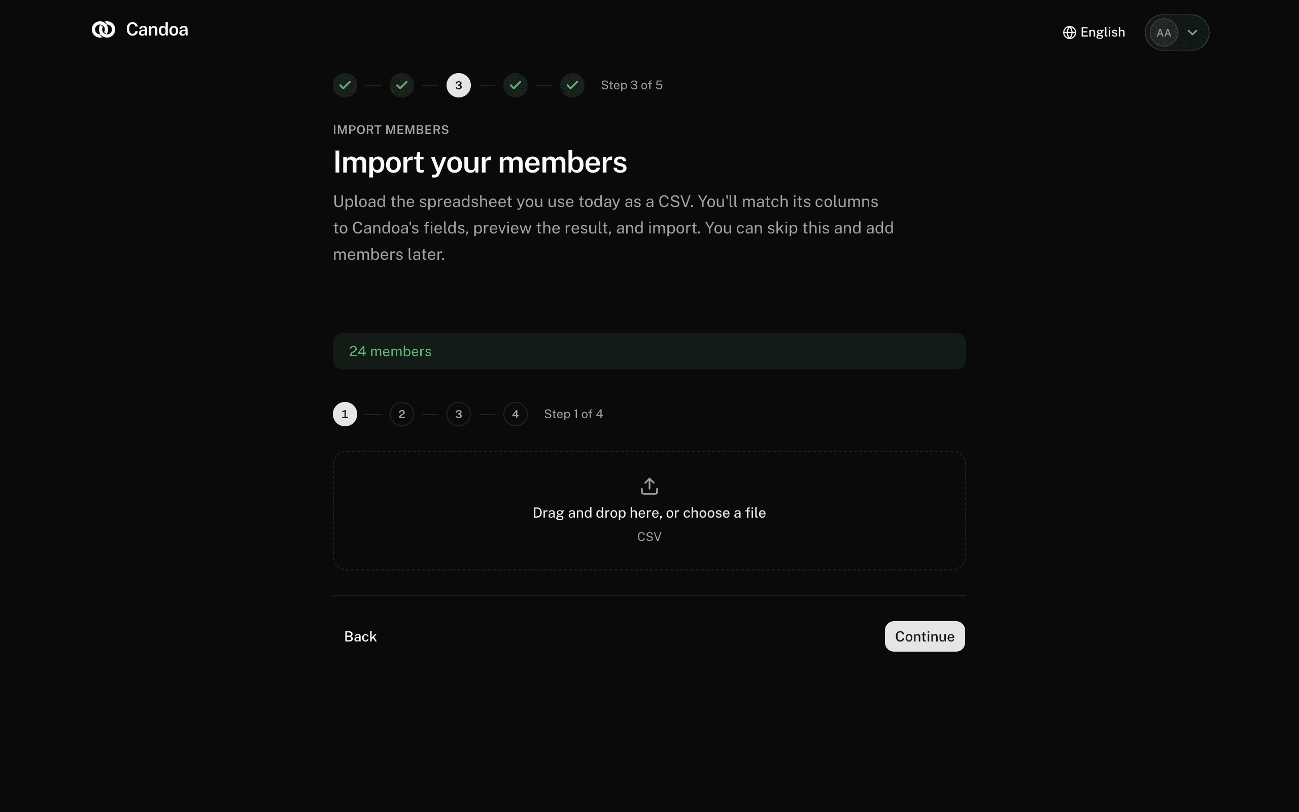 The members step of setup, where the CSV is chosen