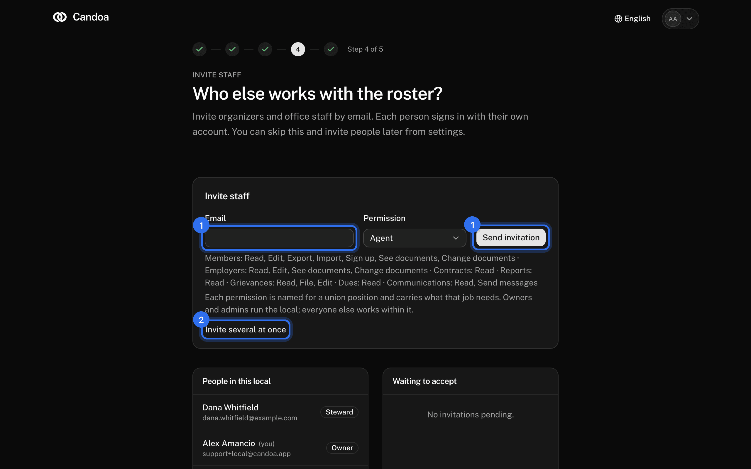 The staff step: Email and Send invitation (1) and Invite several at once (2)