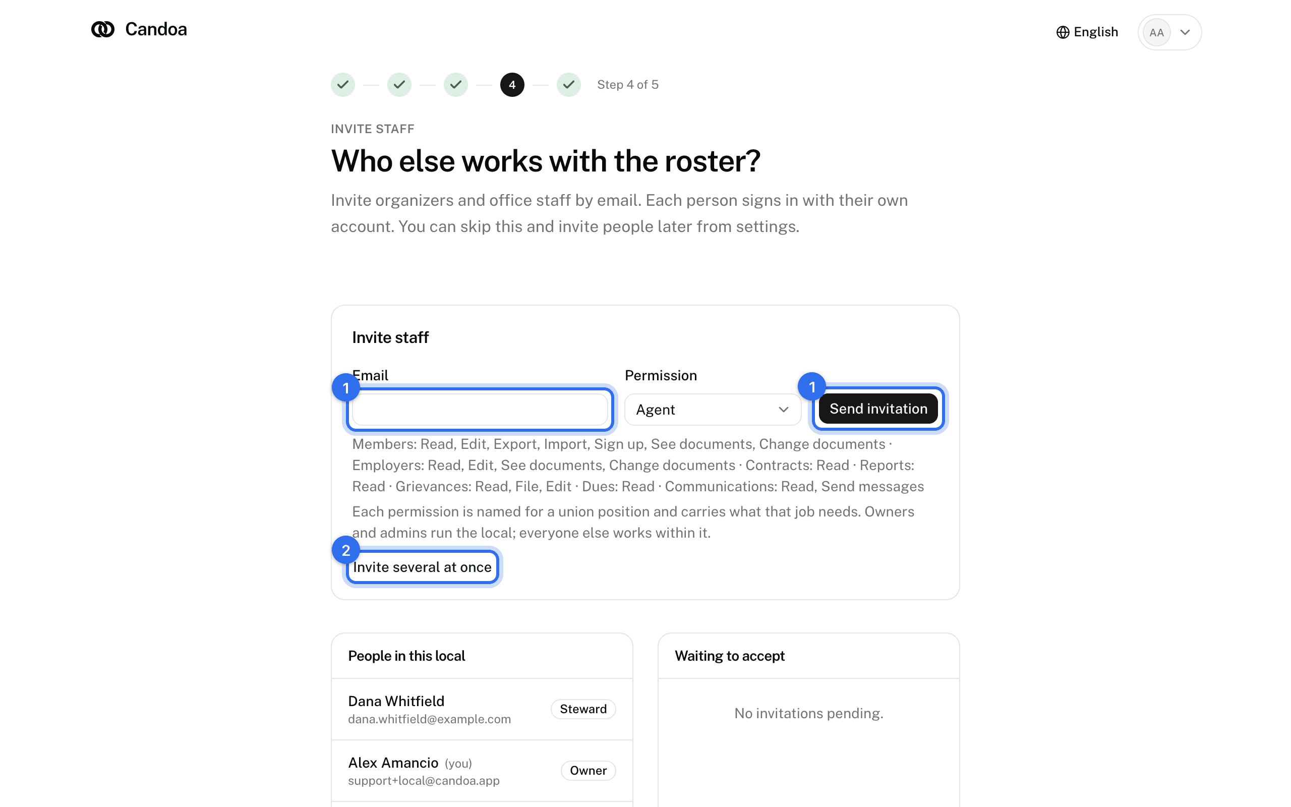 The staff step: Email and Send invitation (1) and Invite several at once (2)
