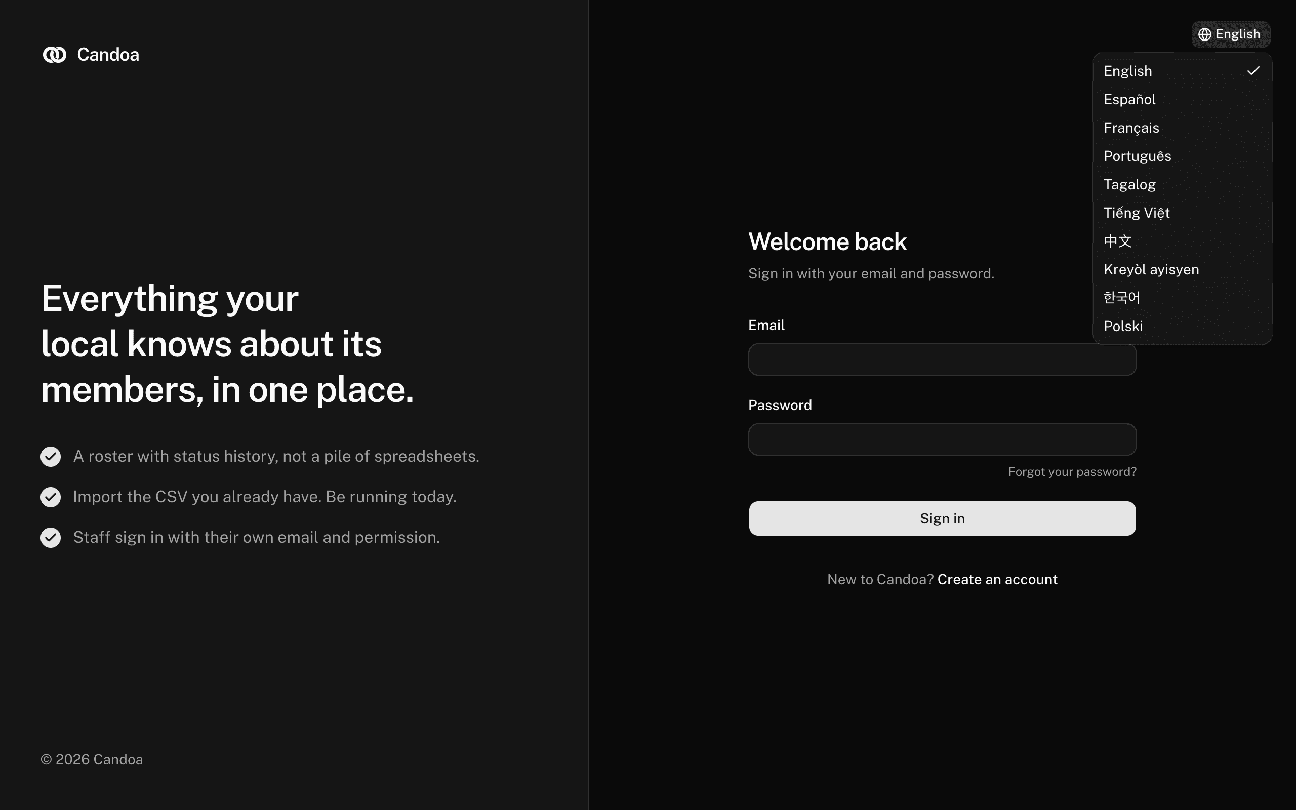 The language menu open from the globe at the top right of the sign-in screen