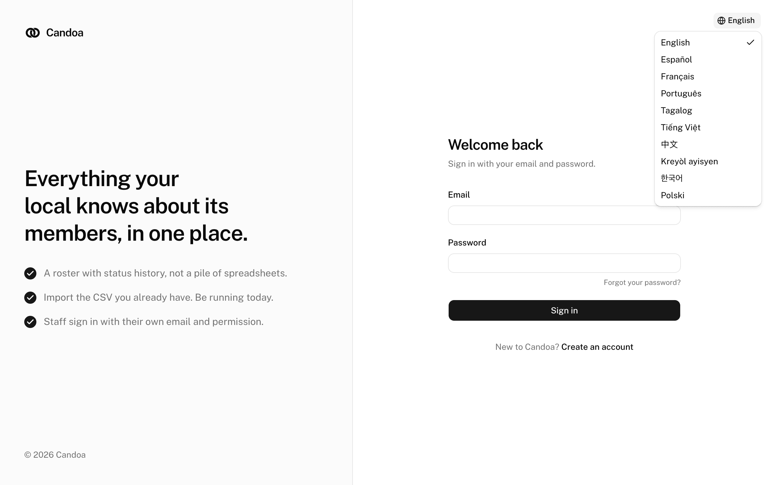 The language menu open from the globe at the top right of the sign-in screen