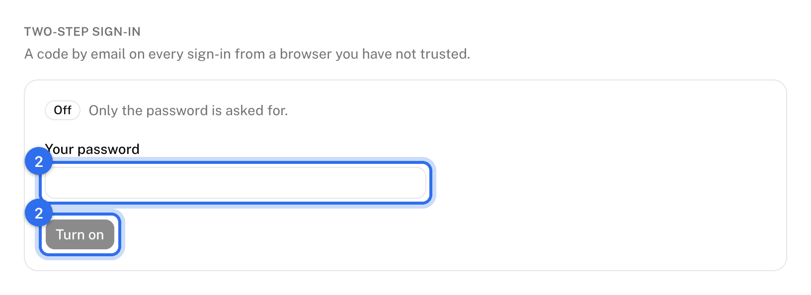 The Two-step sign-in card on the Account page: your password and Turn on (2)