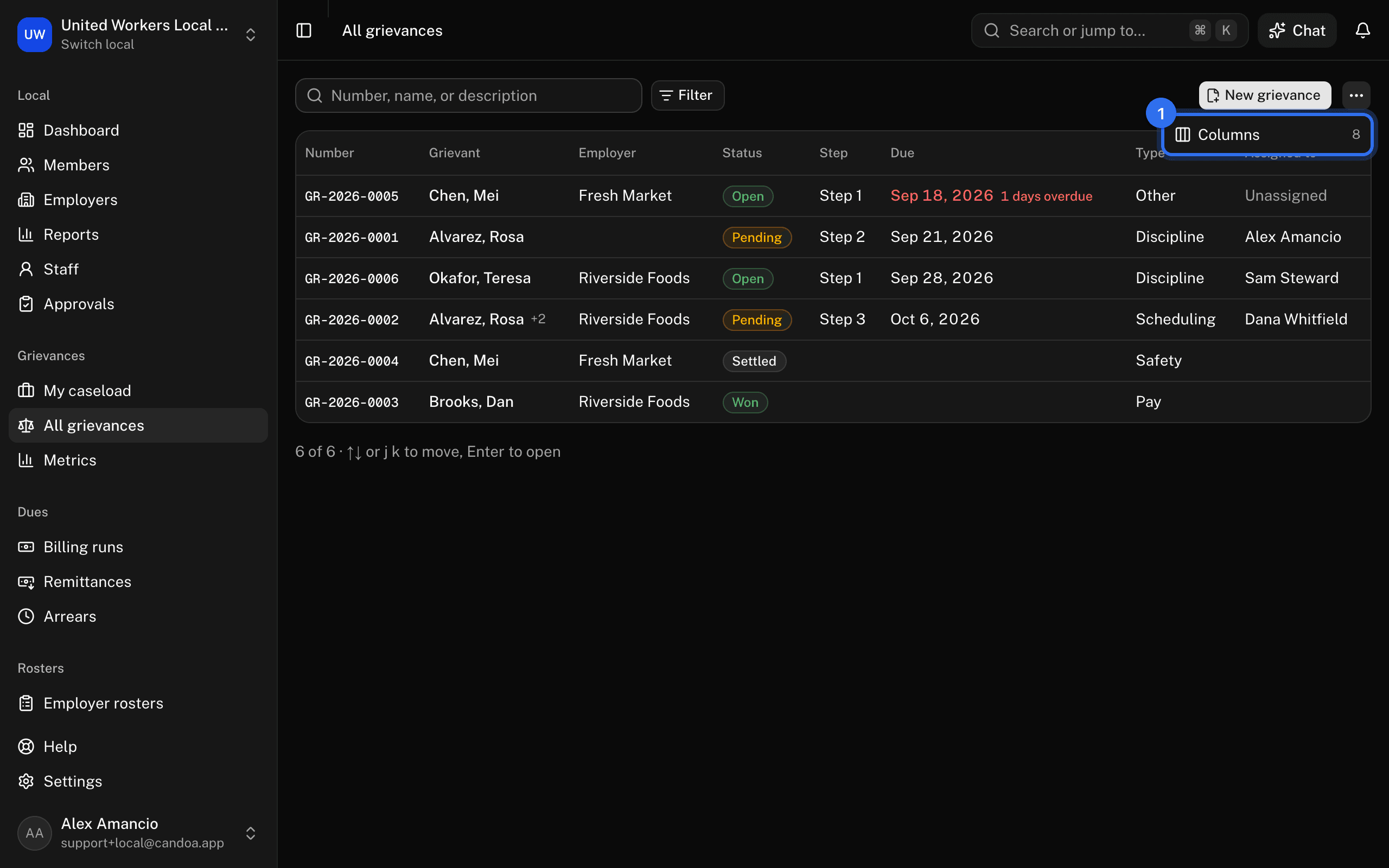 Columns (1) in the ⋯ menu at the end of the toolbar