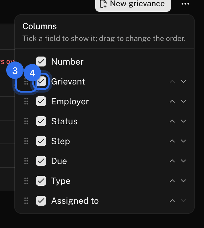 The columns picker: a field's drag handle (3) and its tick box (4)