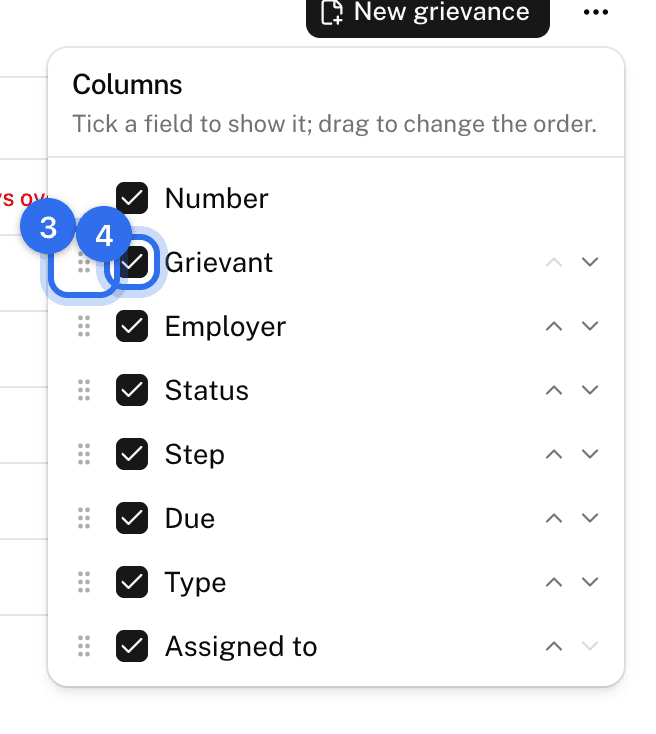 The columns picker: a field's drag handle (3) and its tick box (4)