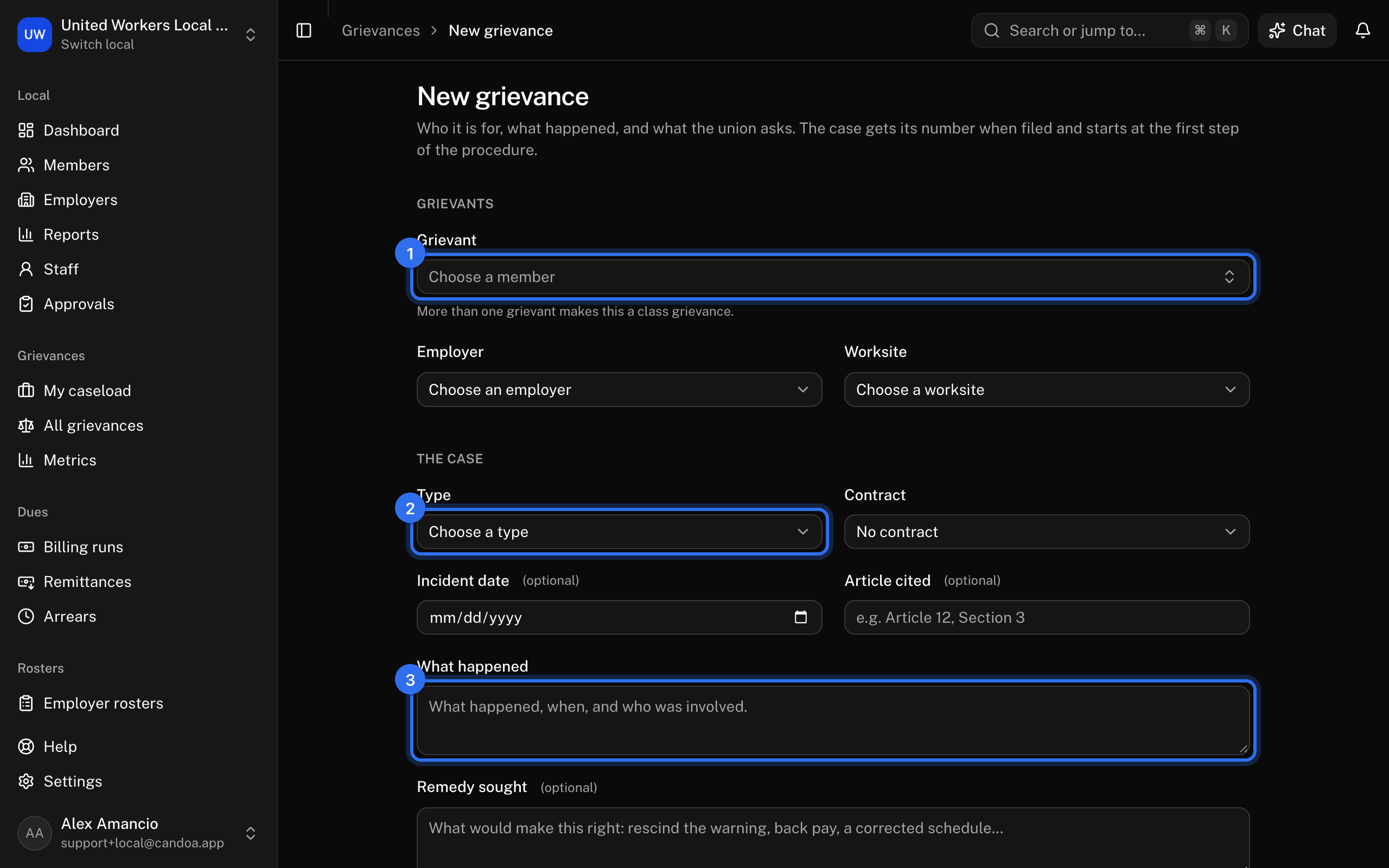 The New grievance form, empty: Choose a member (1), Type (2), and What happened (3)