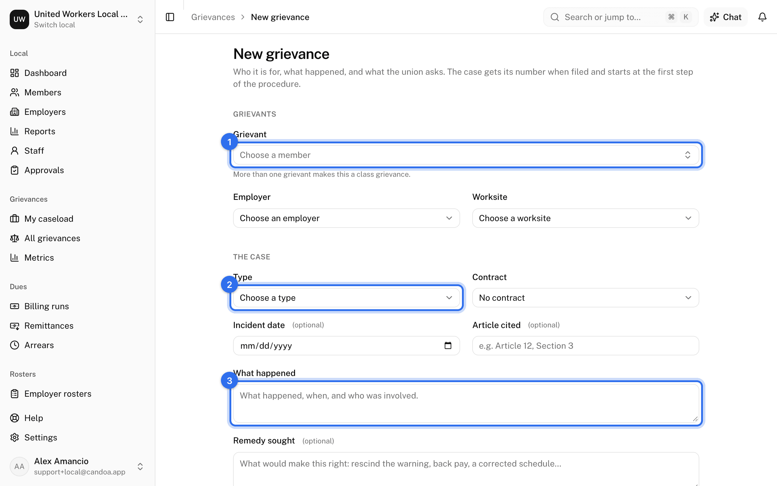 The New grievance form, empty: Choose a member (1), Type (2), and What happened (3)