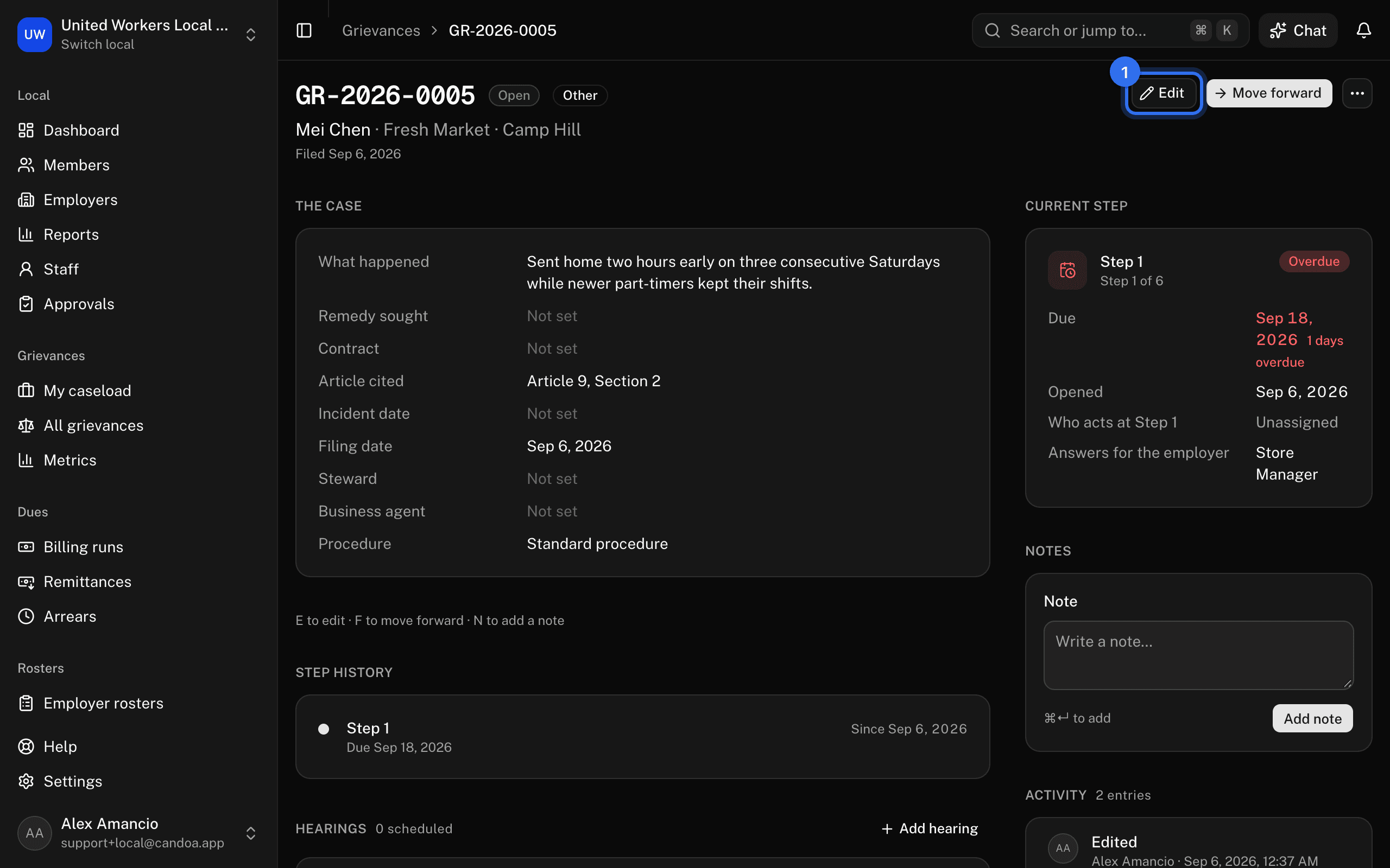 Edit (1) at the top right of a case, beside Move forward and the ⋯ menu