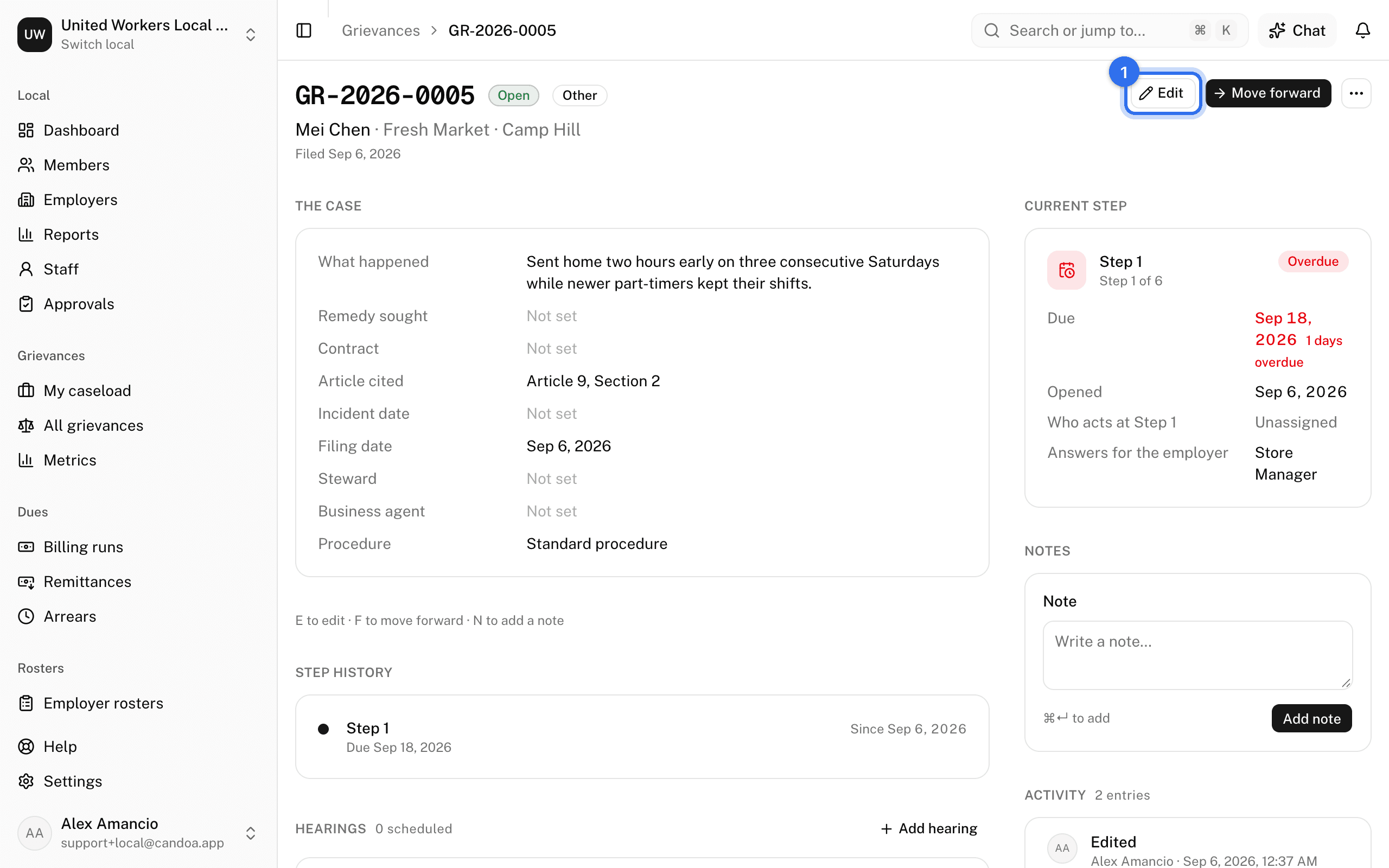 Edit (1) at the top right of a case, beside Move forward and the ⋯ menu