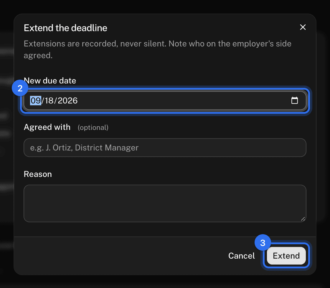 The Extend deadline dialog: New due date (2) and Extend (3)
