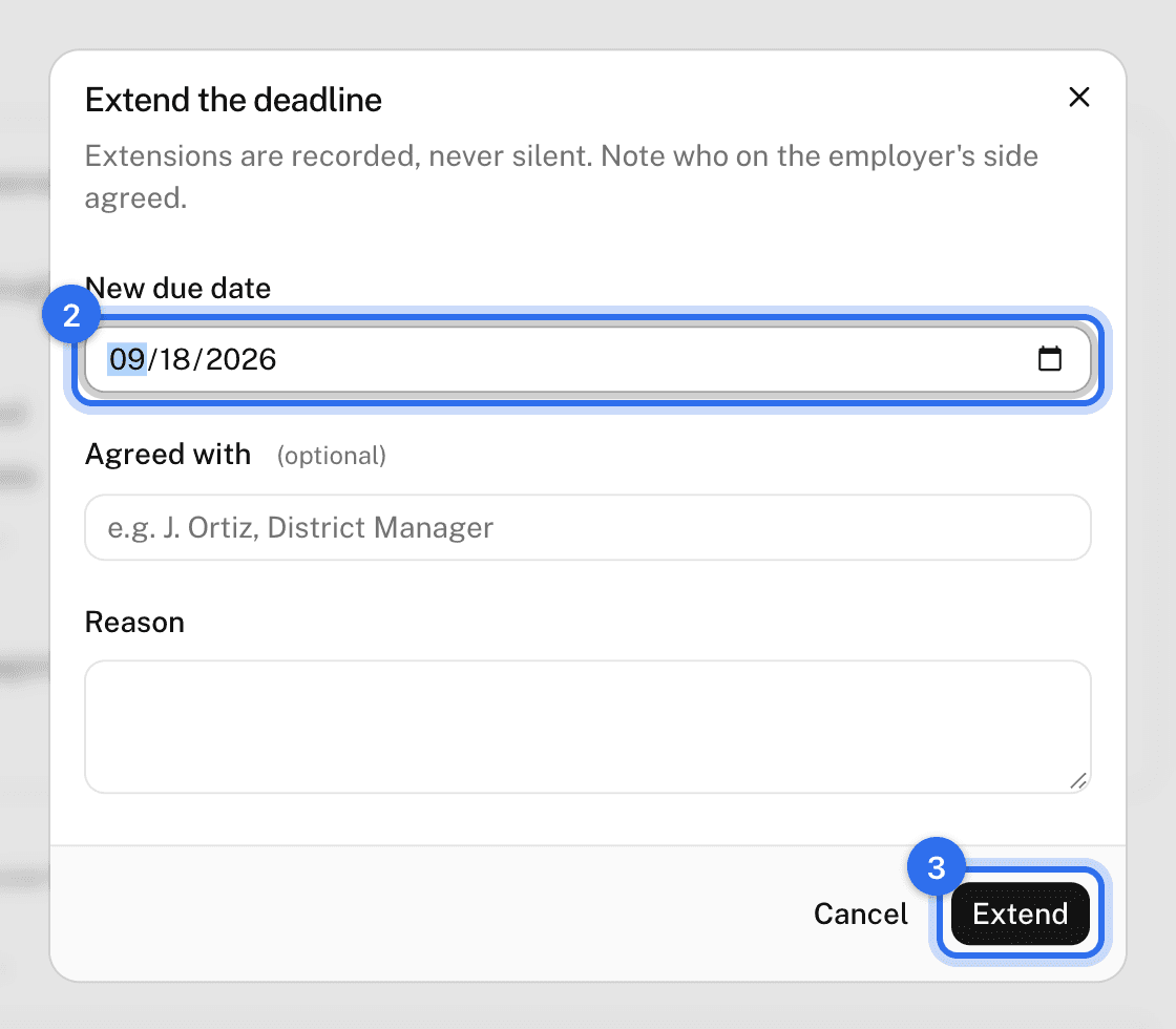 The Extend deadline dialog: New due date (2) and Extend (3)
