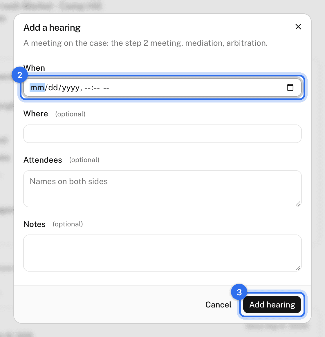 The Add hearing dialog: When (2) and Add hearing (3)