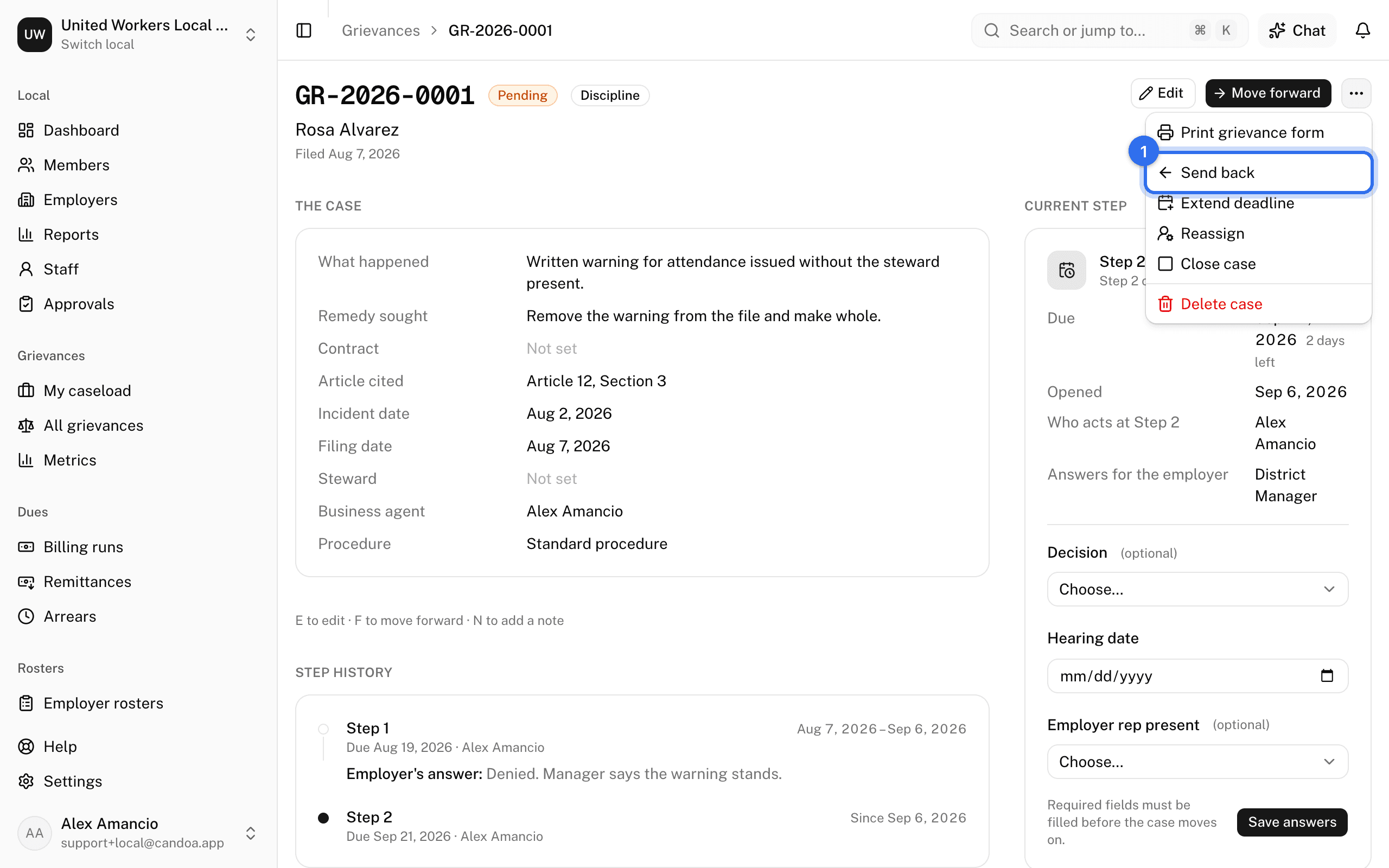 Send back (1) in the ⋯ menu on a case, with Extend deadline, Reassign, Close case, Delete case, and Print grievance form