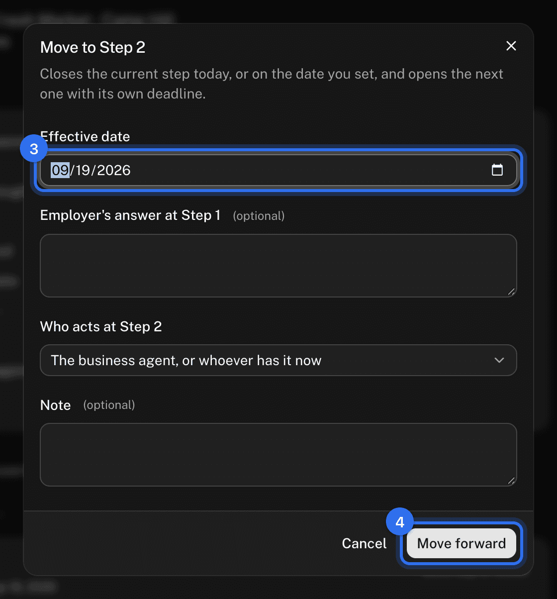 The Move forward dialog: Effective date (3) and Move forward (4)