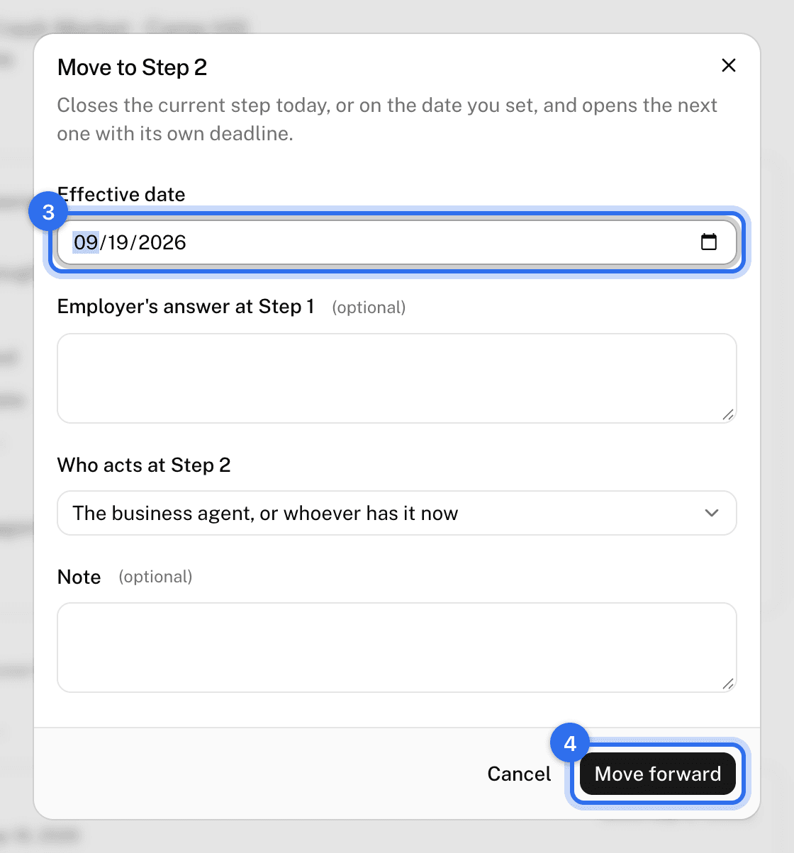 The Move forward dialog: Effective date (3) and Move forward (4)