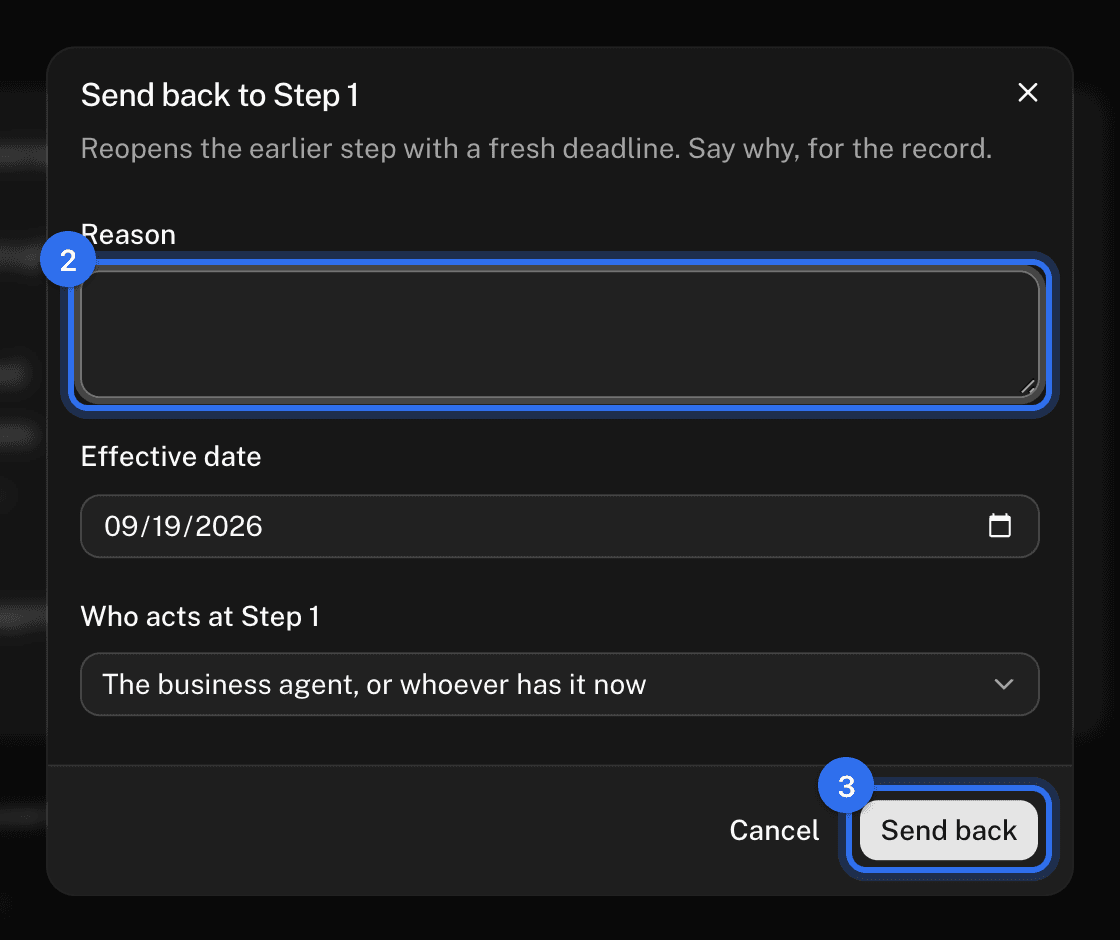 The Send back dialog: Reason (2) and Send back (3)