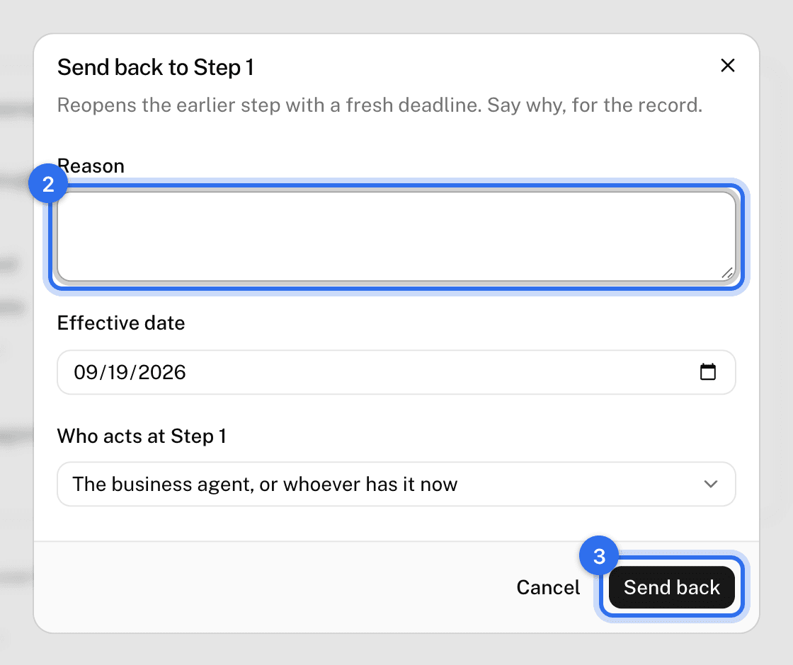 The Send back dialog: Reason (2) and Send back (3)