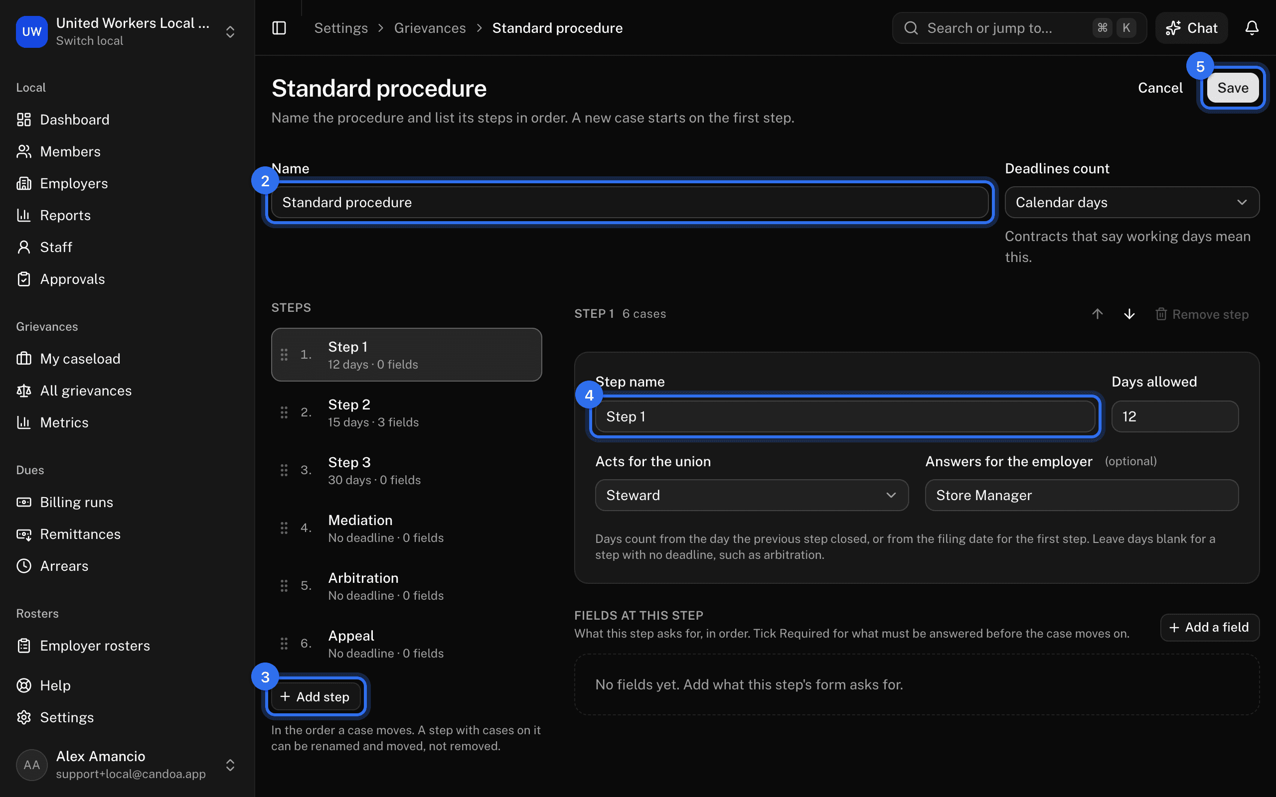 The procedure editor: Name (2), Add step (3) in the Steps rail, Step name (4), and Save (5)