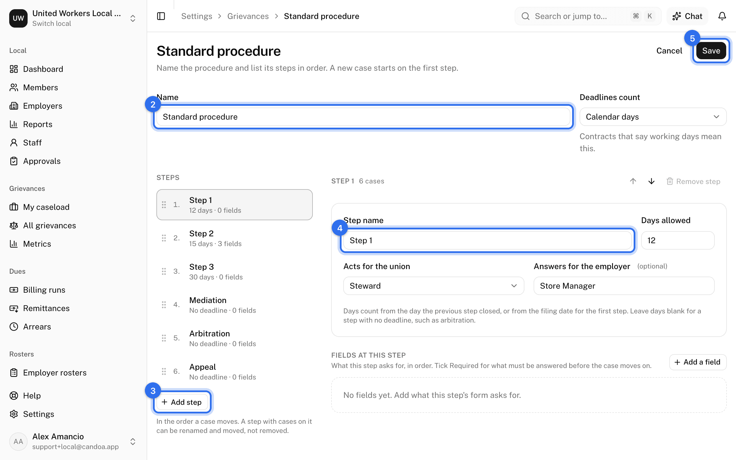 The procedure editor: Name (2), Add step (3) in the Steps rail, Step name (4), and Save (5)