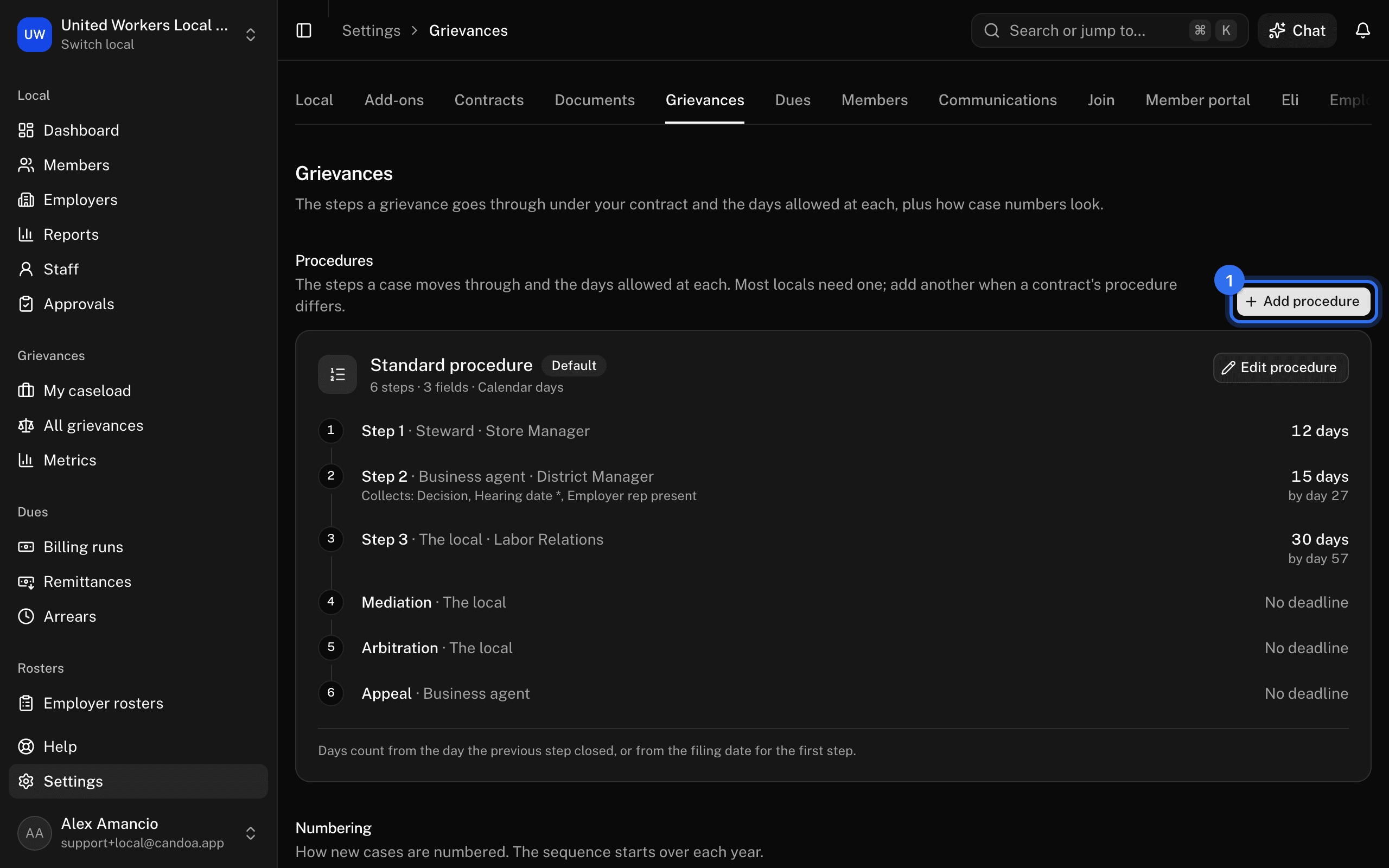 Add procedure (1) on Settings › Grievances, above the procedure cards