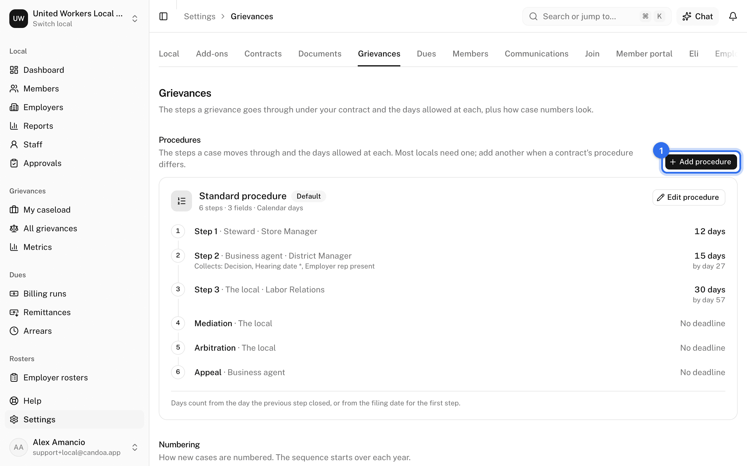 Add procedure (1) on Settings › Grievances, above the procedure cards