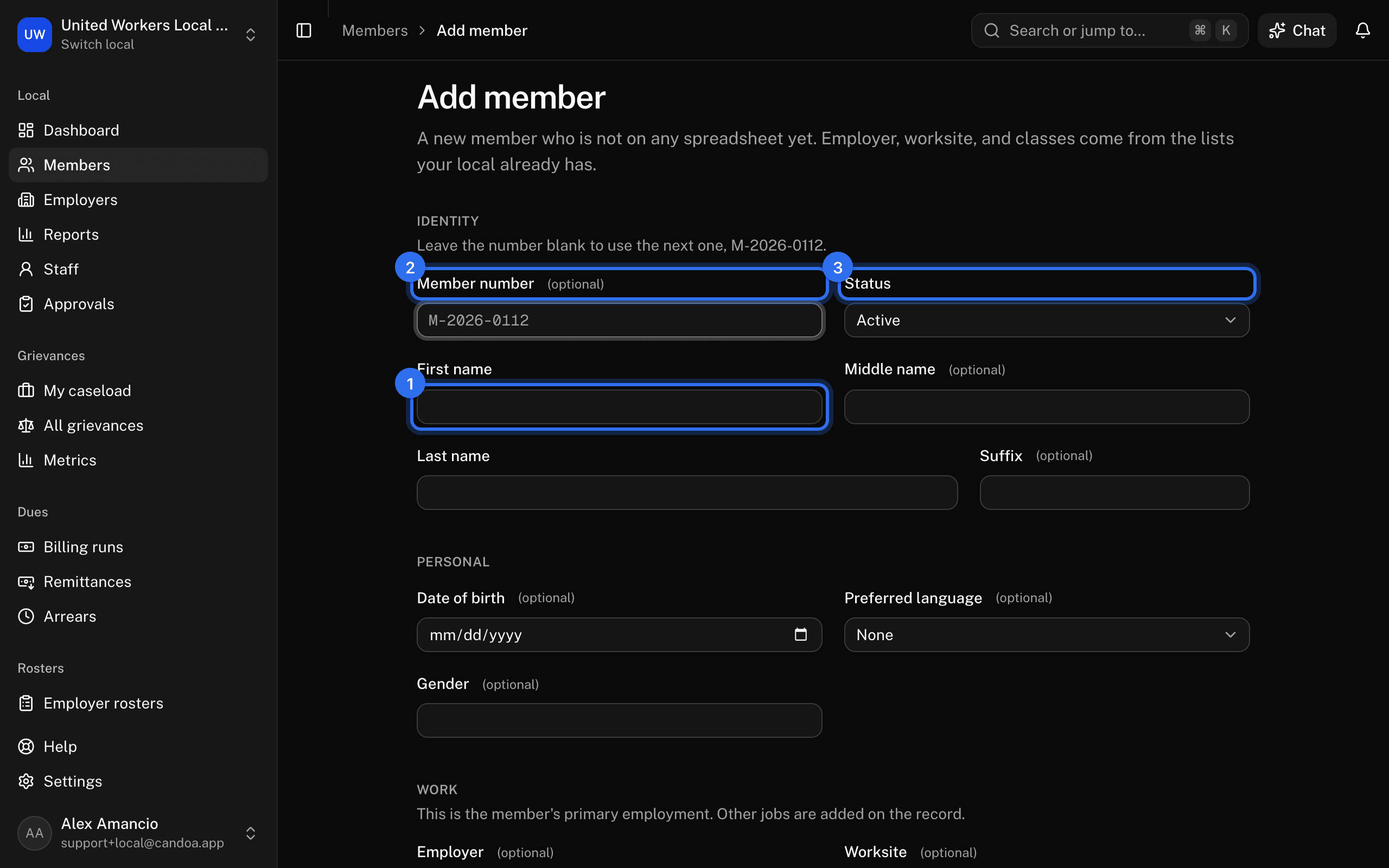 The full form: First name (1), Member number (2) showing the next number, and Status (3)
