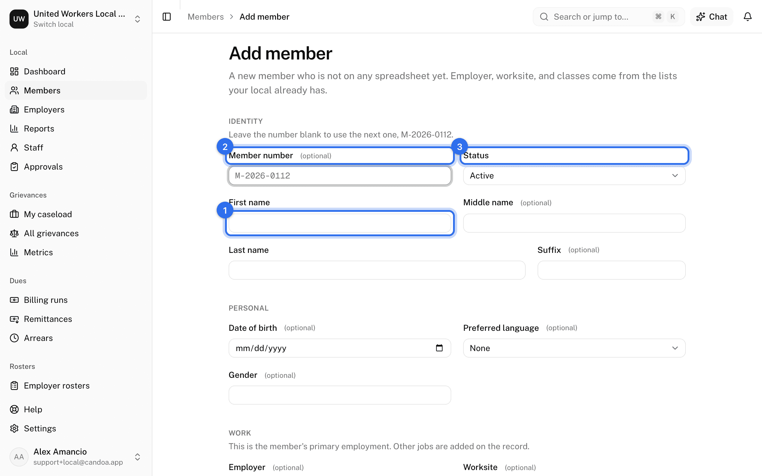 The full form: First name (1), Member number (2) showing the next number, and Status (3)