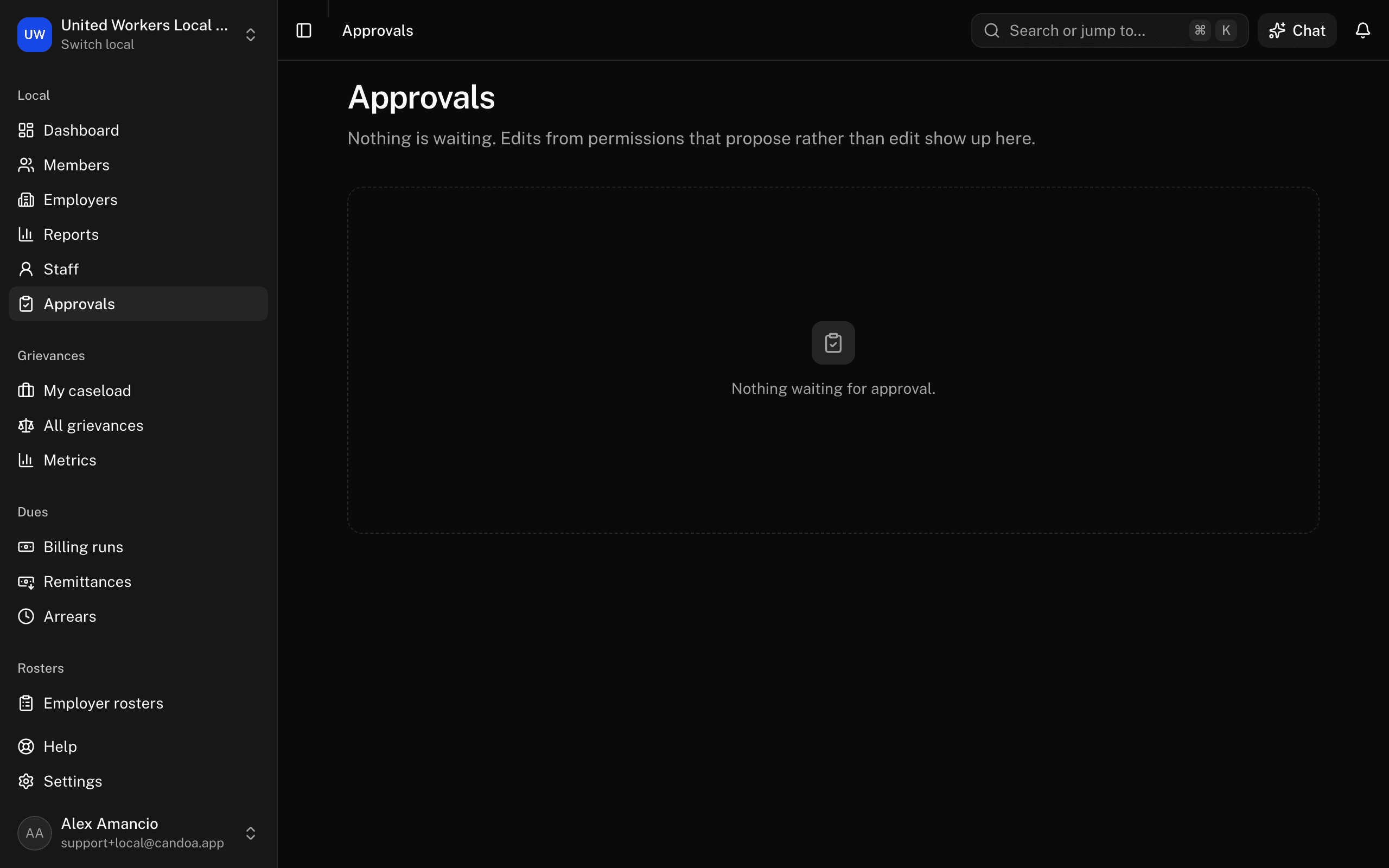 The Approvals screen, with nothing waiting