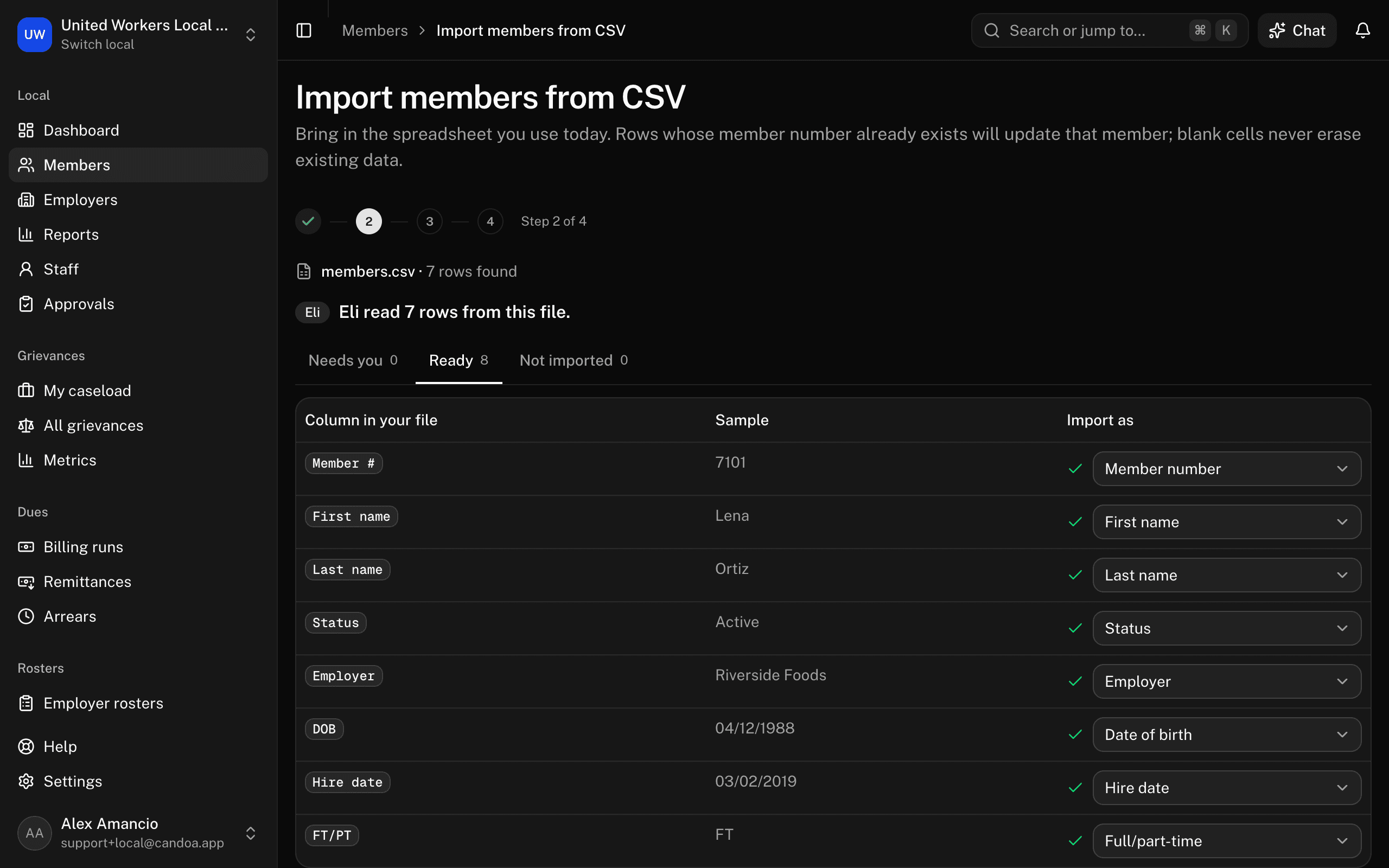 Step 2 lists every column in the file with what it imports as, under the Needs you, Ready, and Not imported tabs