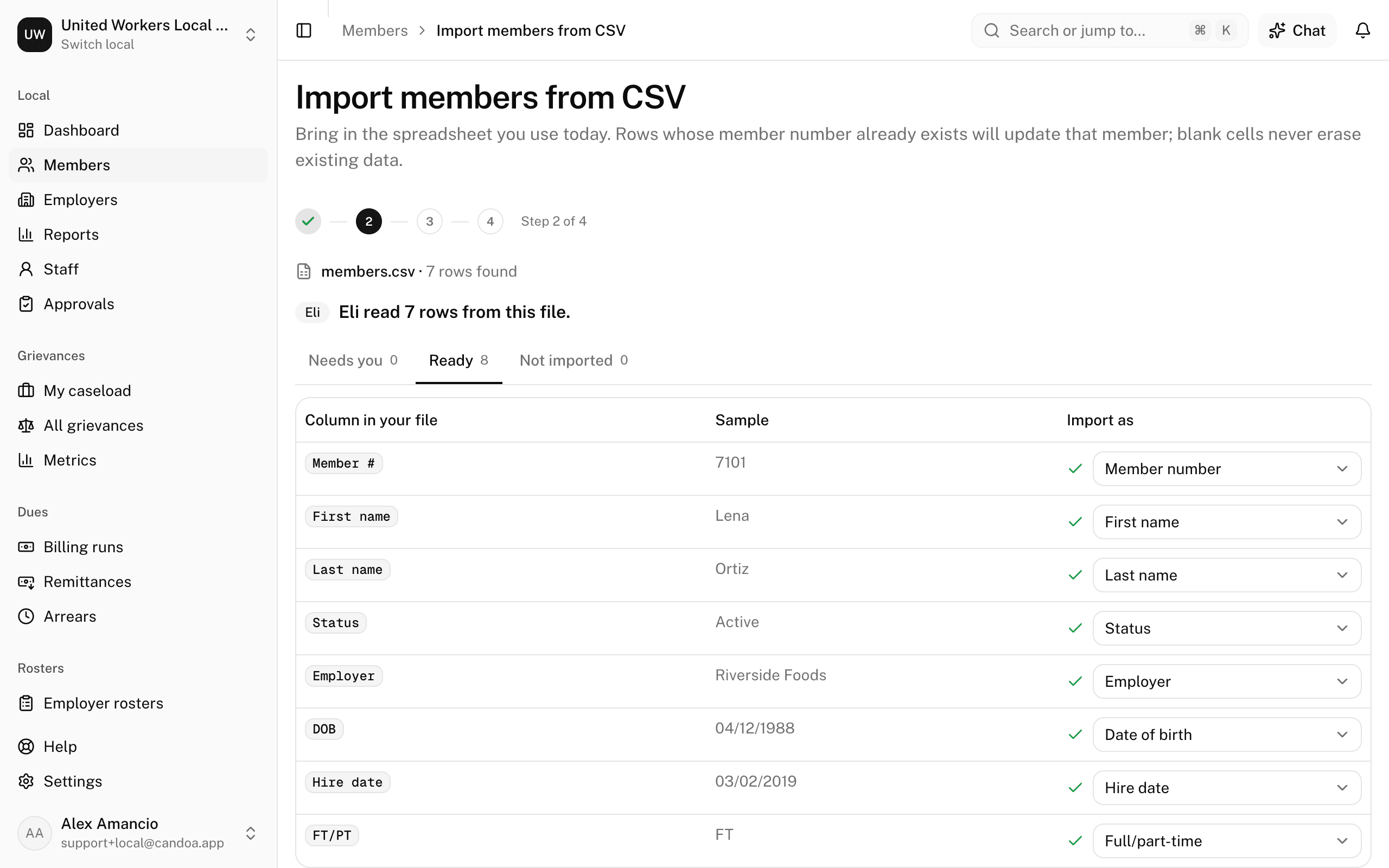 Step 2 lists every column in the file with what it imports as, under the Needs you, Ready, and Not imported tabs
