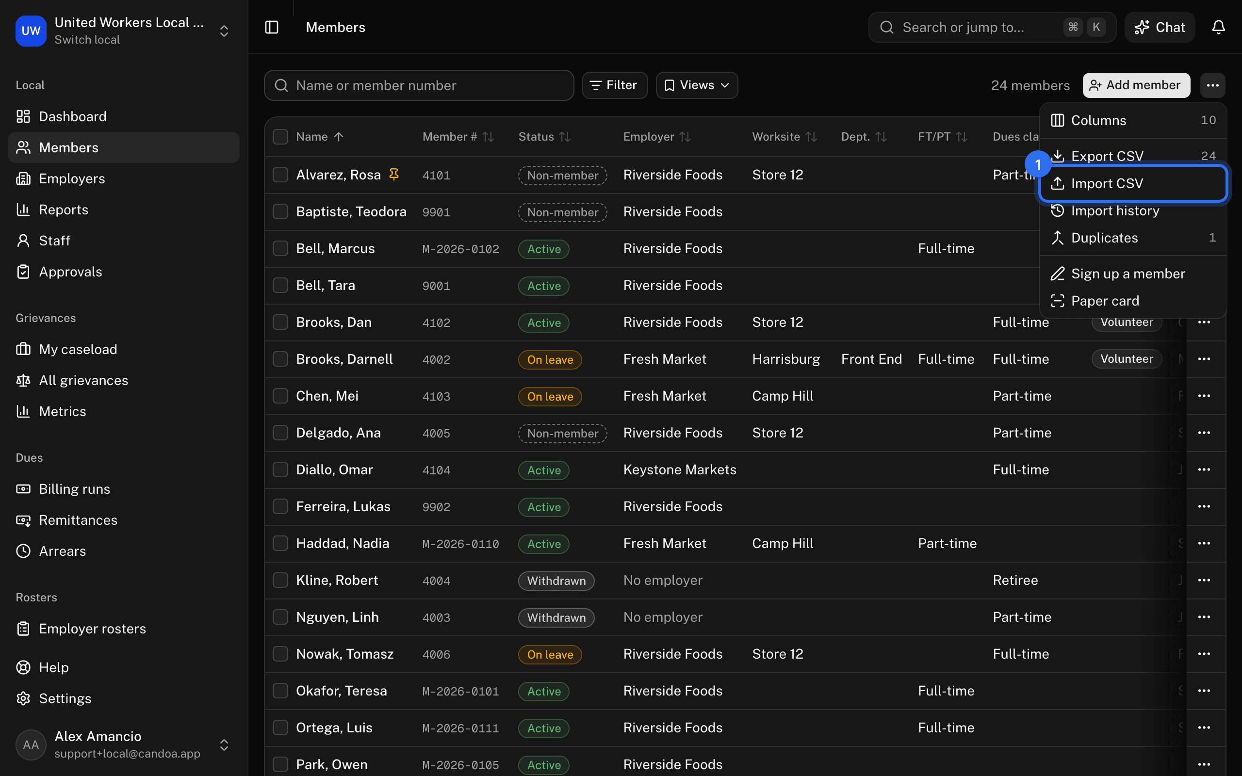 Import CSV (1) under More actions on the members list