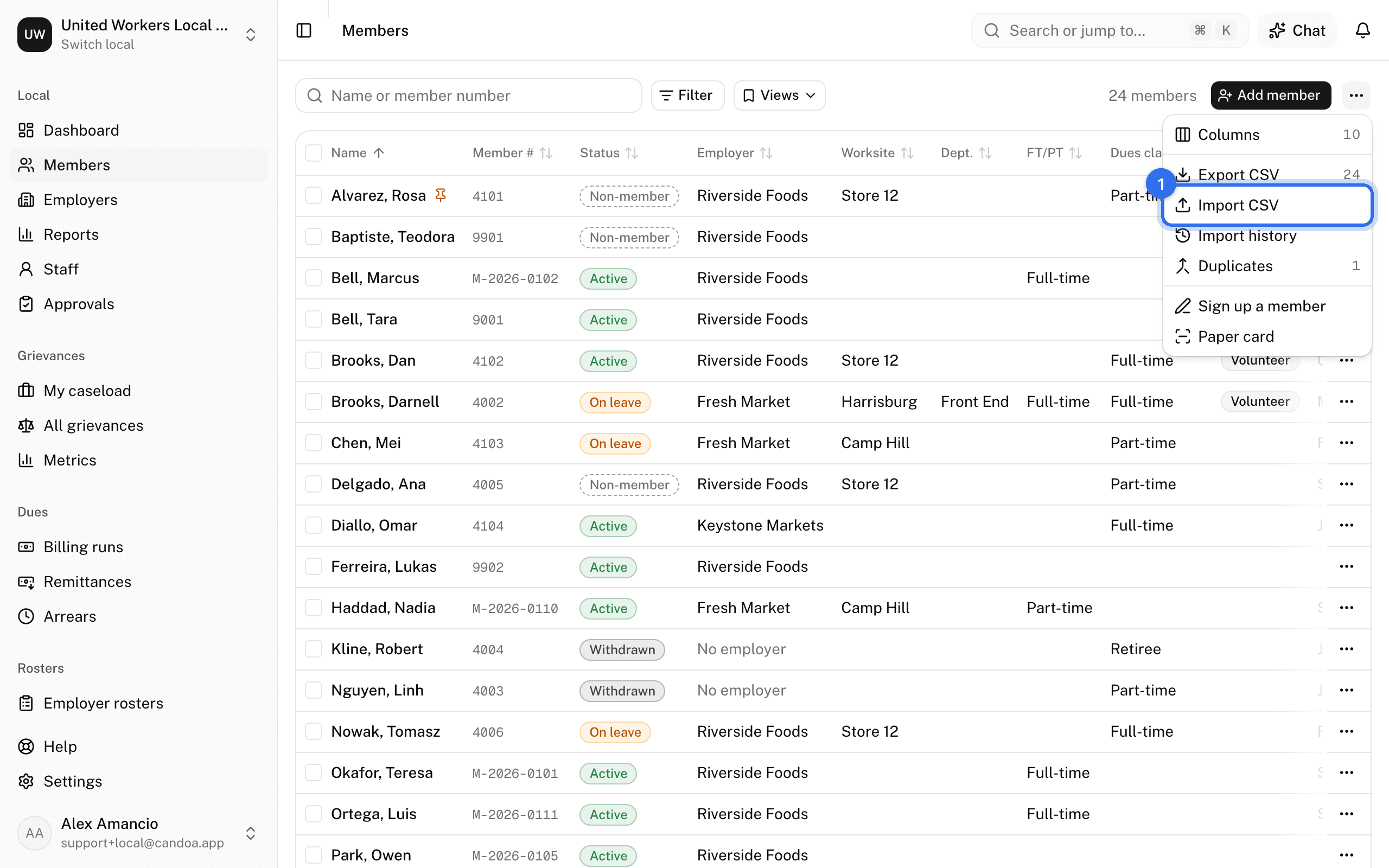 Import CSV (1) under More actions on the members list