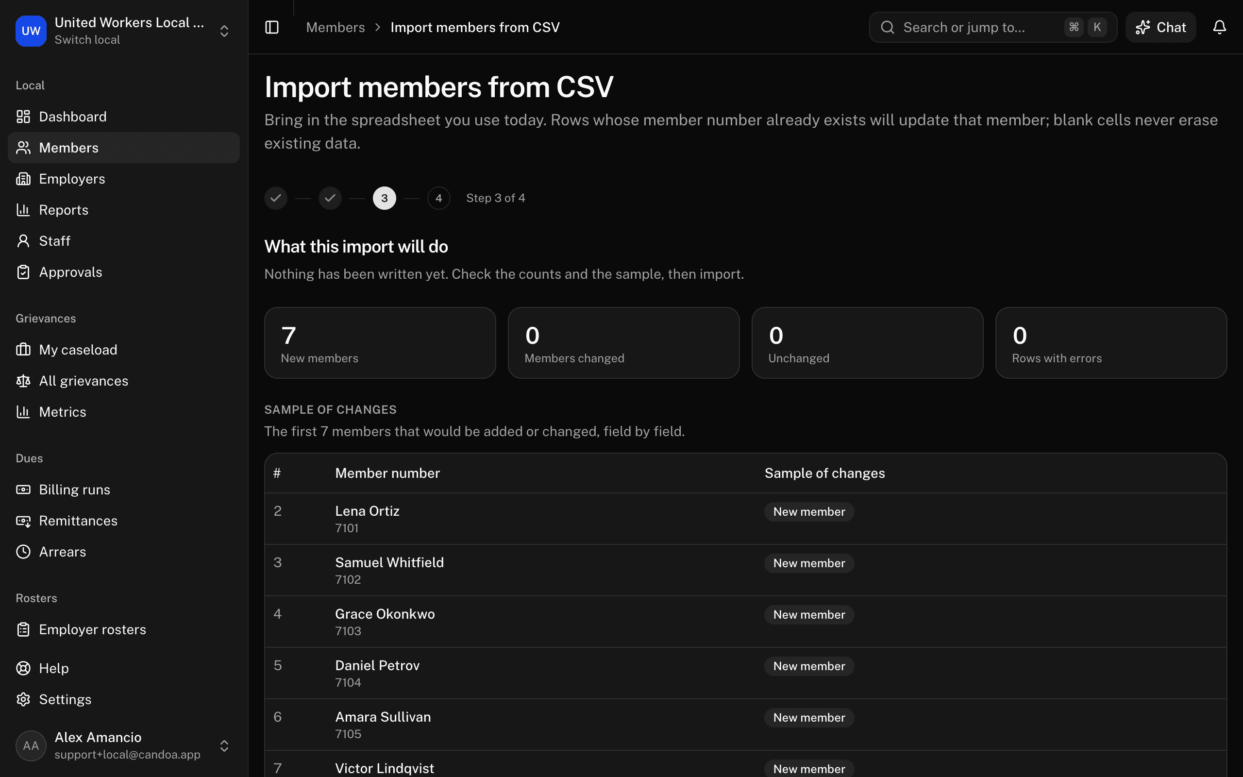 The preview counts the New, Changed, and Unchanged members and the rows with errors before anything is written