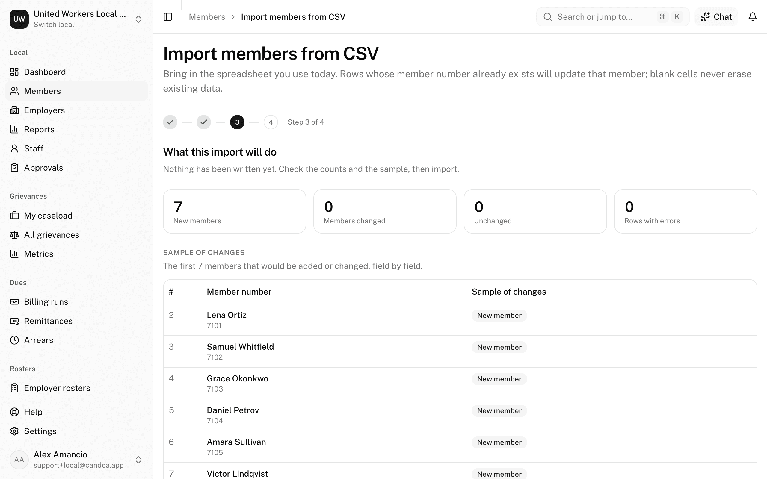 The preview counts the New, Changed, and Unchanged members and the rows with errors before anything is written
