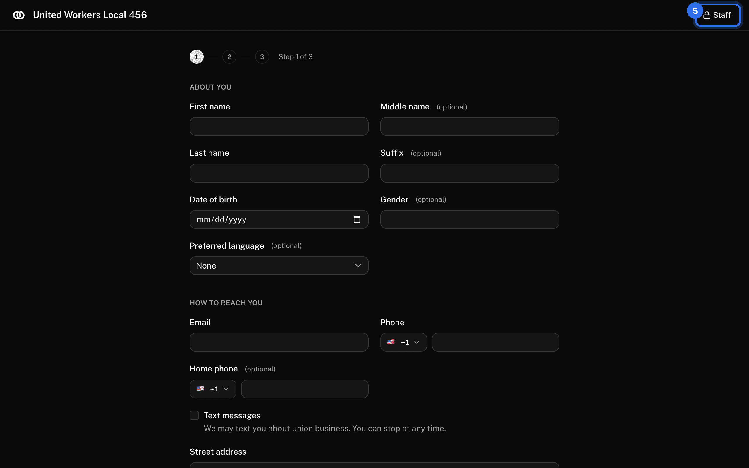 The sign-up form on a staff device, with Staff (5) in the corner