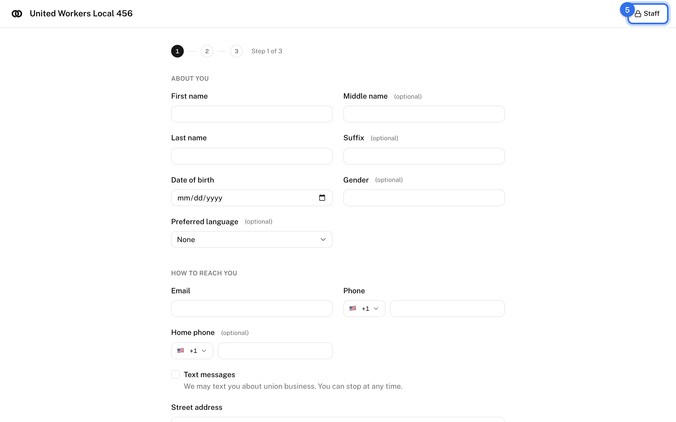 The sign-up form on a staff device, with Staff (5) in the corner