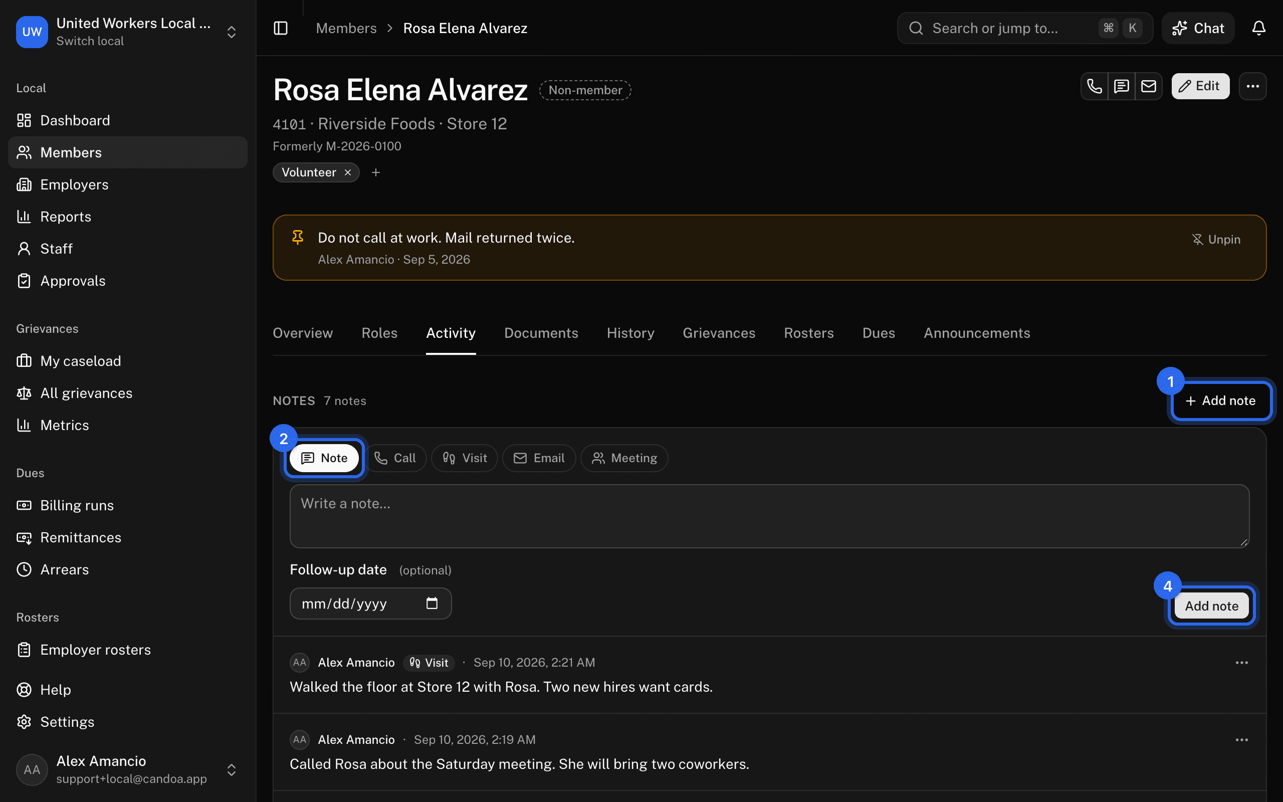 The Activity tab: Add note (1) in the Notes section, the kind (2) as Note, Call, Visit, Email, or Meeting, and Add note (4) under the box