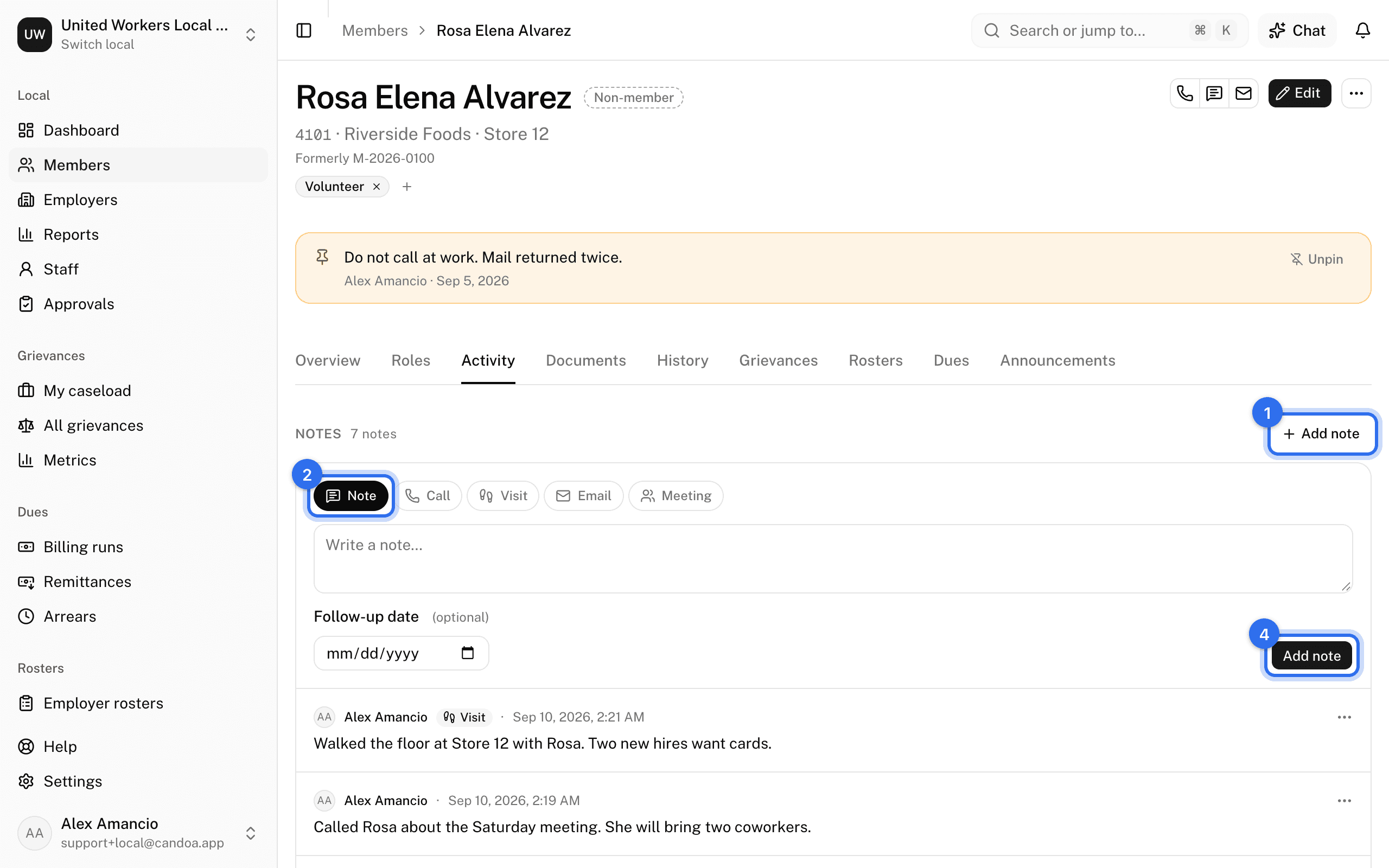 The Activity tab: Add note (1) in the Notes section, the kind (2) as Note, Call, Visit, Email, or Meeting, and Add note (4) under the box